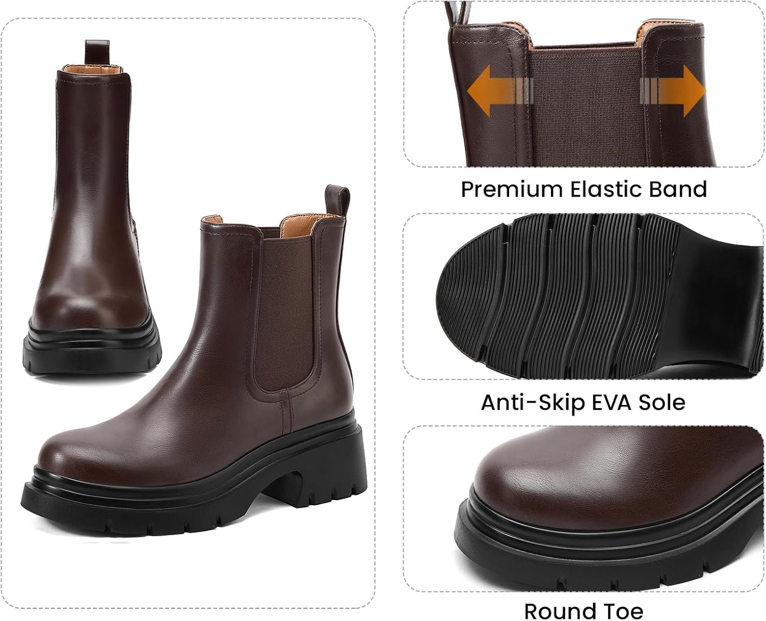 FEMSTEP Women's Chelsea Boots, Slip On Chunky Heel Womens Booties Platform Ankle Boots with Round Toe Elastic Dark Brown Ankle Boot for Casual Office Outdoor Shoes Size 8 - Image 6