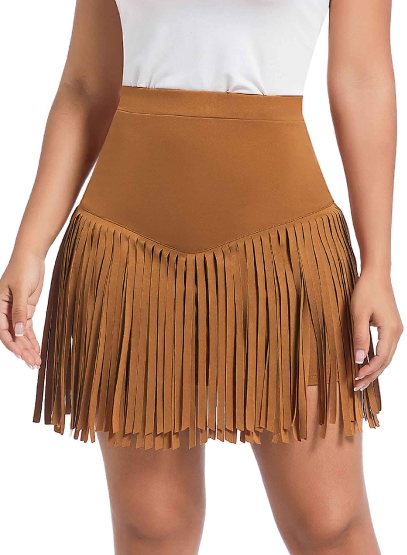 Womens Western Cowgirl Fringe Skirt - Country Concert Outfits Rodeo Bottoms Tassel Hem, High Waisted, Black Music Festival Skirts, Cute Cowboy Attire, Booty Pole Dance Disco Clothes, Sexy Rave Sports