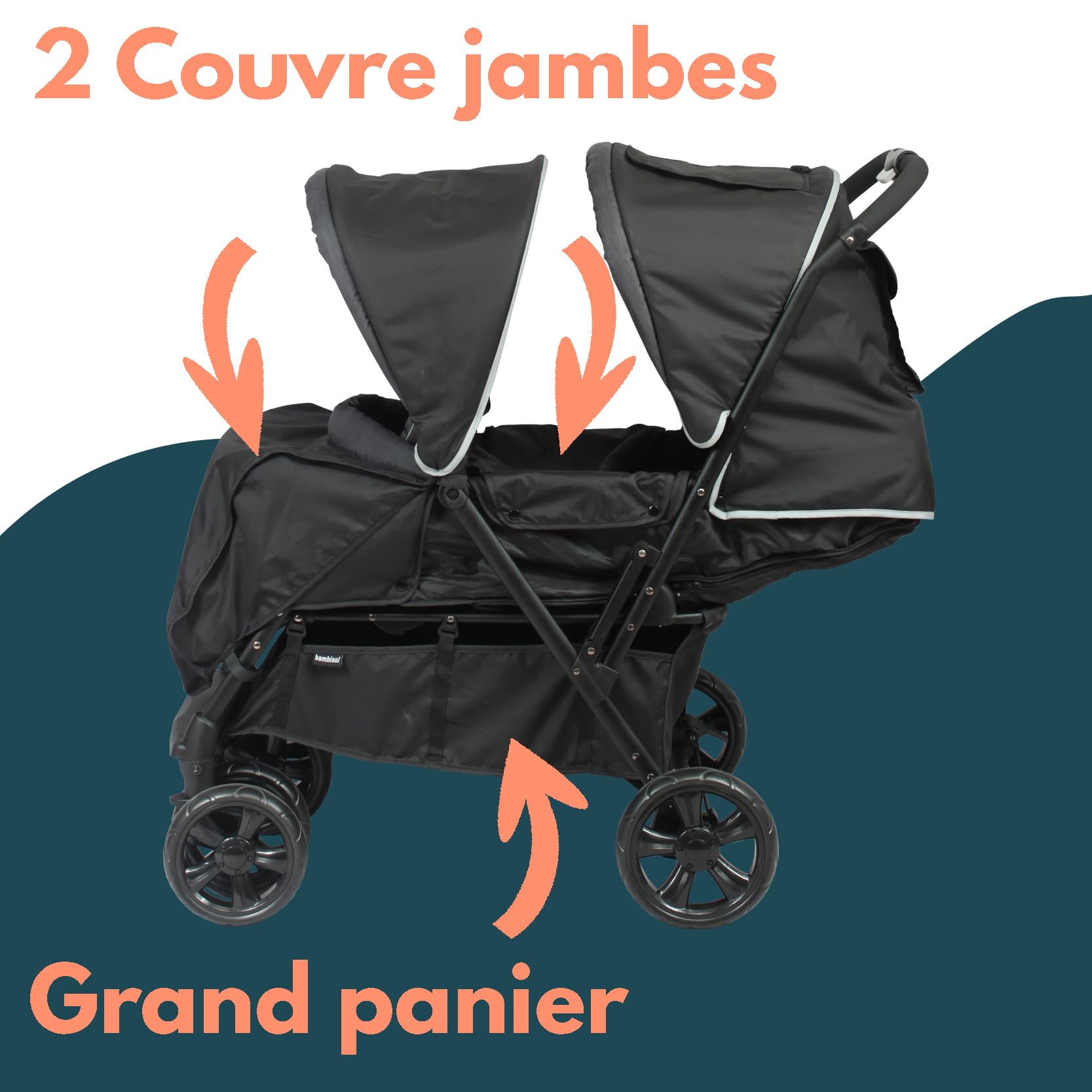 Passeggino gemellare doppio - BAMBISOL - Passeggino doppio combinato + Seggiolino auto I-size - 4 ruote - Nero