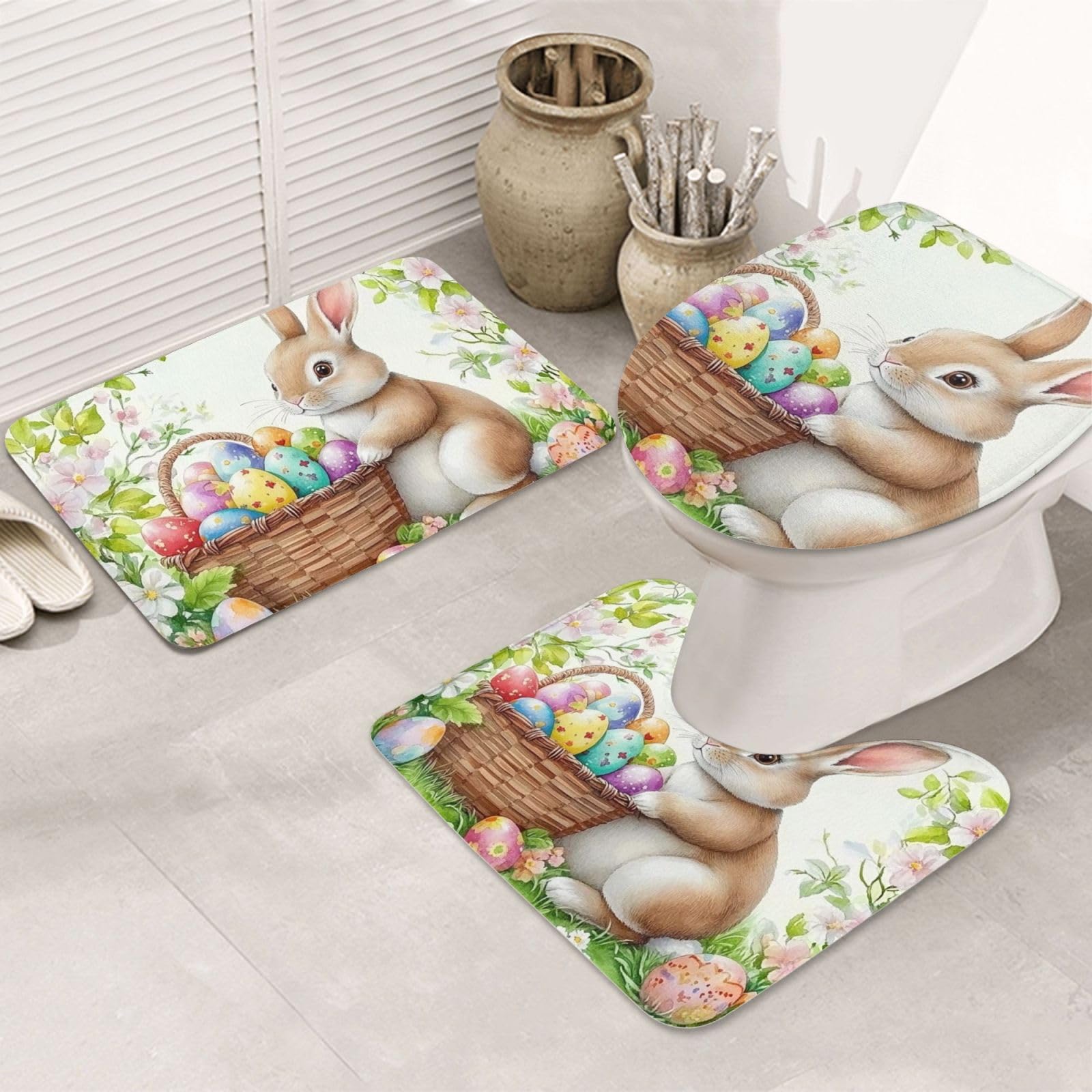 Alfombras de baño de Pascua lavables de microfibra con alfombrilla de contorno y funda de inodoro
