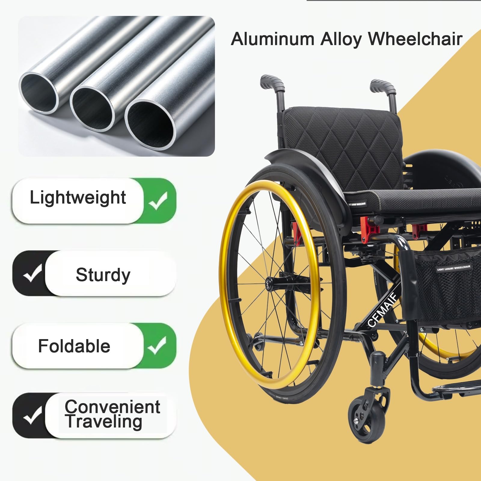 Silla de ruedas aluminio plegable,Ligera, Autopropulsable, para Adultos, Ruedas extracción con un botón, Cojín Grueso,Freno manual(Gold,42cm/16.5in Seat)