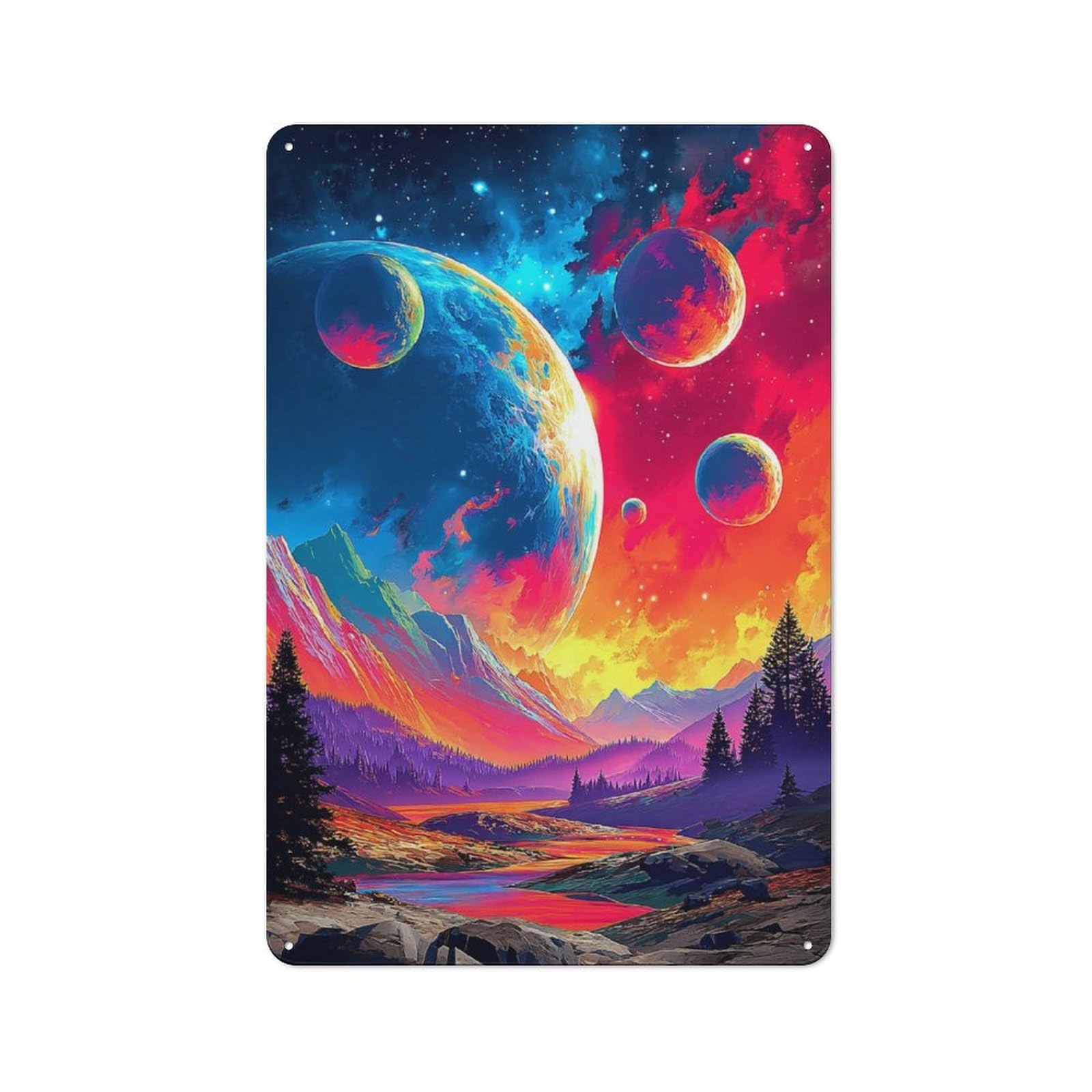 Colorful Fantasy Landscape with Planets -1 Classic Metal Wall Decor 30x20cm, Decorative Tin Plaque for Cafe, Pub, Workshop Or Home Bar