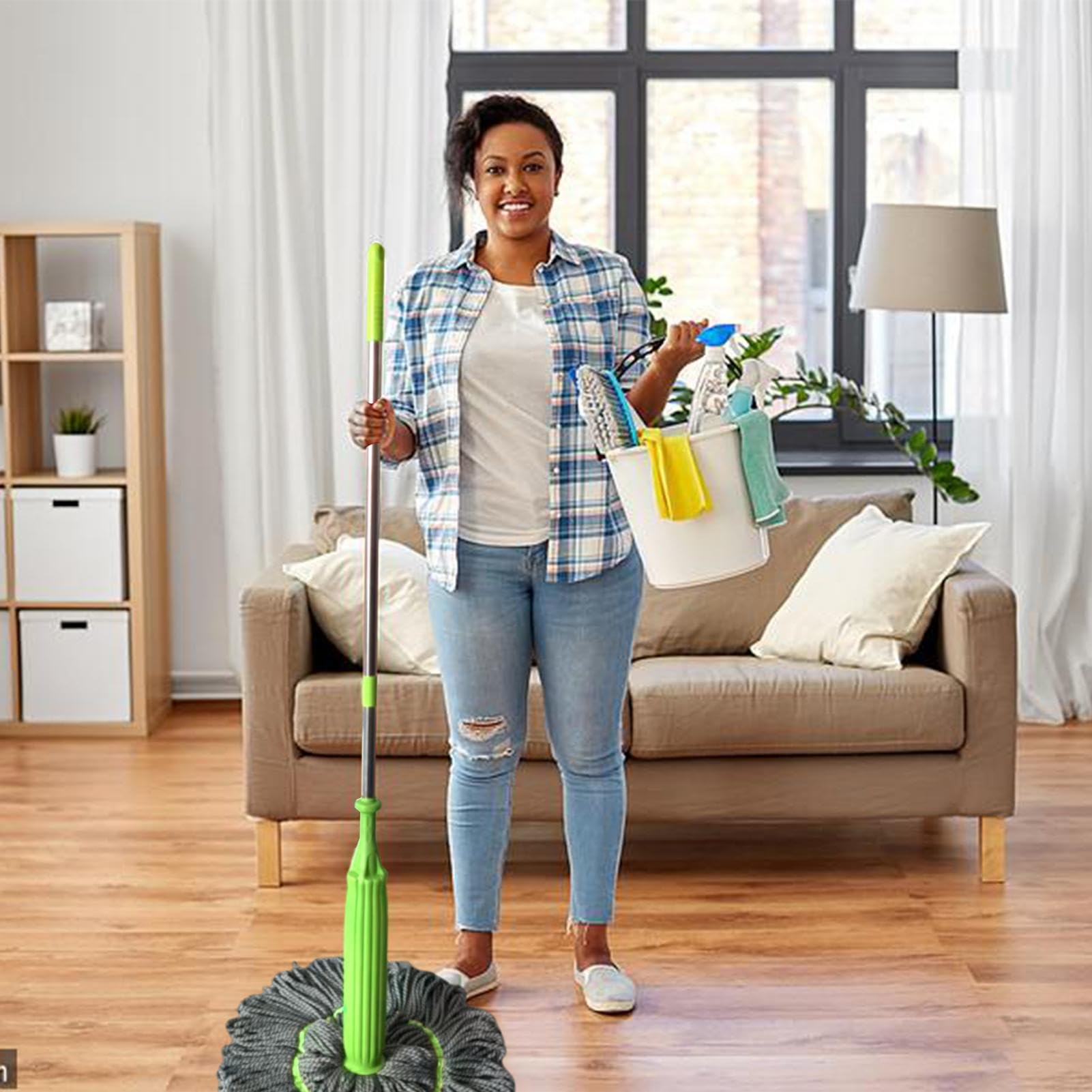 Mopa de microfibra – Fregona giratoria para el hogar, de limpieza de | suelos húmedos y secos con cabezales de recambio para suelos de cemento y madera, largo