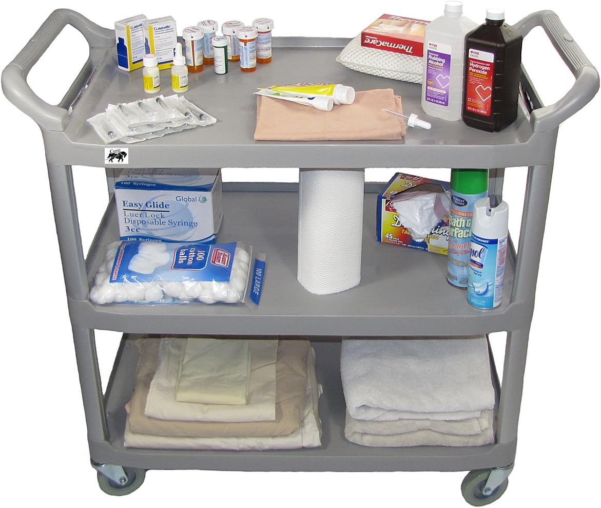 Medical Utility Cart, Supply, Service and Transport 3 Shelf Rolling Cart with 4 Inch TPR Wheels, Large (Gray)