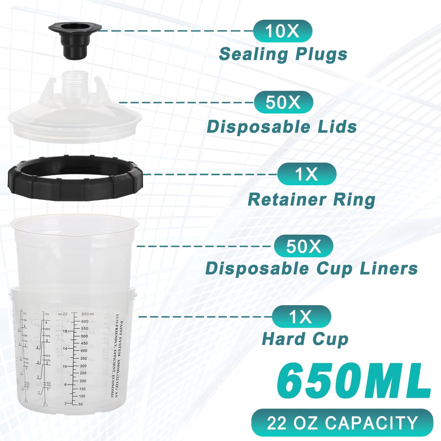 Disposable Paint Sprayer Mixing Cup Kit for Automotive Paint Gun, HVLP Paint Spray Paint Gun 125 Micron 22 oz (650ml) – Includes 50 Cup Liners, 50 Lids, 1 Hard Cup, 1 Retainer Ring & 10 Plugs