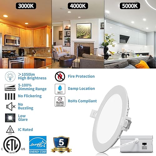 Miniatura 5 de LEDIMWO 6 pulgadas 12W 2700K3000K3500K4000K5000K Color seleccionable Iluminación empotrable, luz de techo LED de 6 pulgadas, luz de lata LED, sin