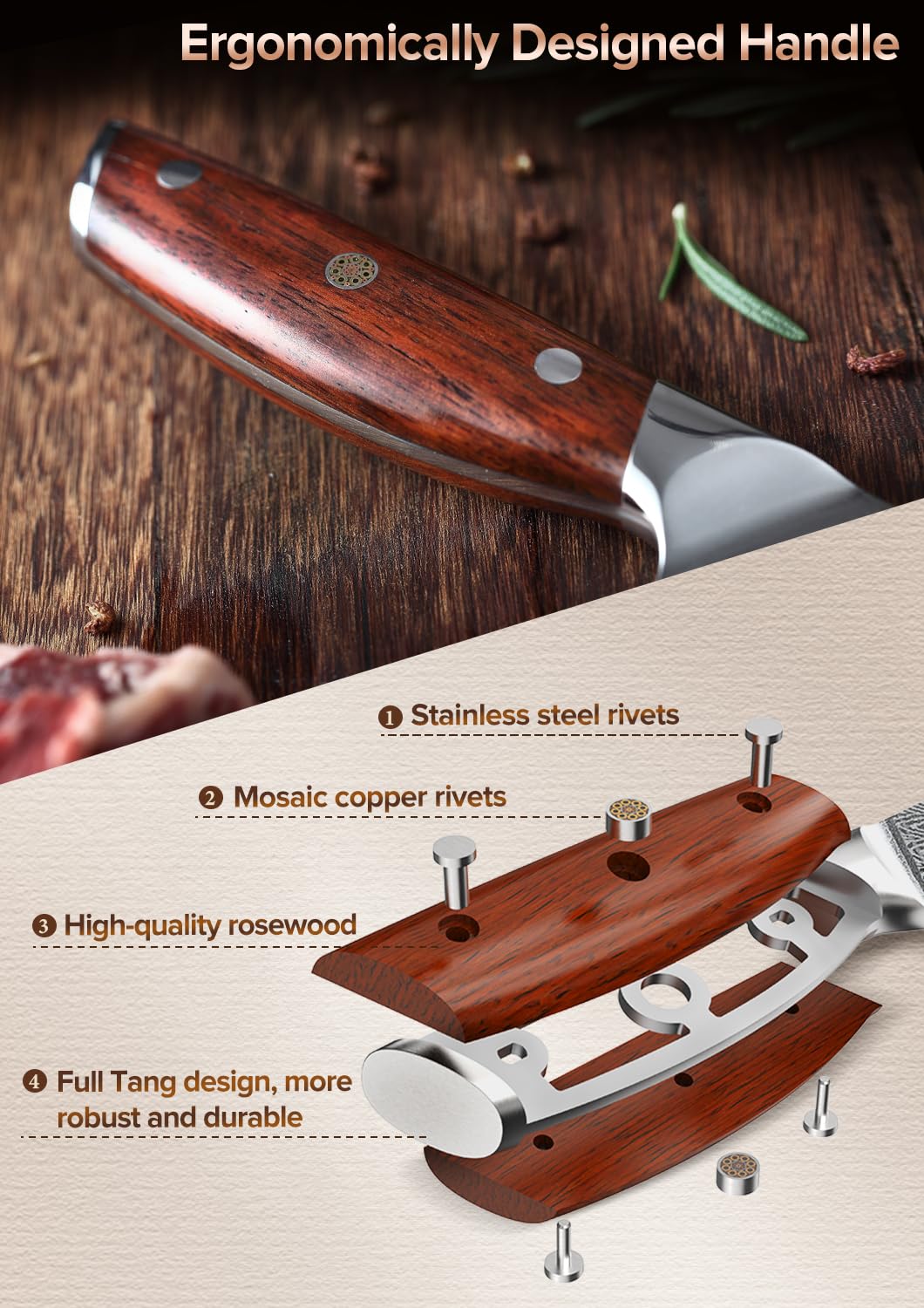 XINZUO Acciaio Damasco Set Coltelli da 7 Pezzi con Portacoltelli, Professionale Coltello da Chef Santoku Pane Universali Frutta, Forbici da Cucina Multifunzione, Manico Rosewood Ergonomico -Yi Serie