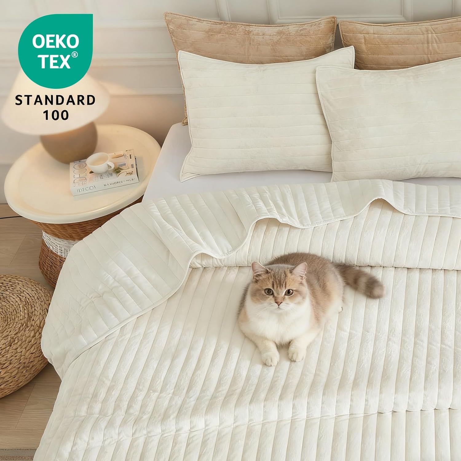 Luxury Soft Velvet Quilt Set Full Queen Size - Lightweight Velvet Bedding Set for All Season, Oversized Bedspread Coverlet Comforter Set with 2 Pillow Shams, Cream White, Striped - Image 2