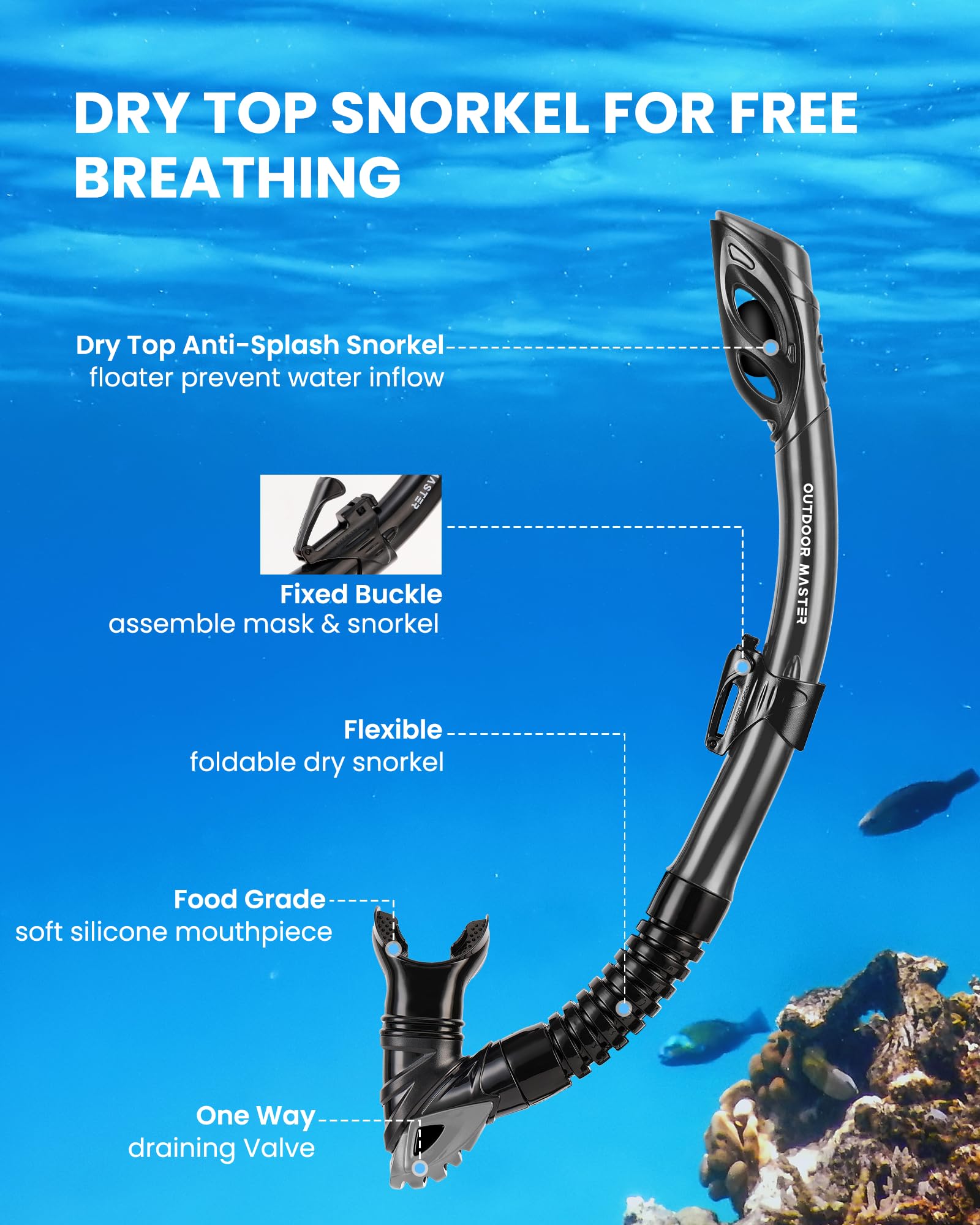 OutdoorMaster Mobula Snorkeling Gear for Adults,Mask Fins Snorkel Set with Panoramic View Anti-Fog, Dry Top Scuba Gear for Swimming Snorkeling Diving