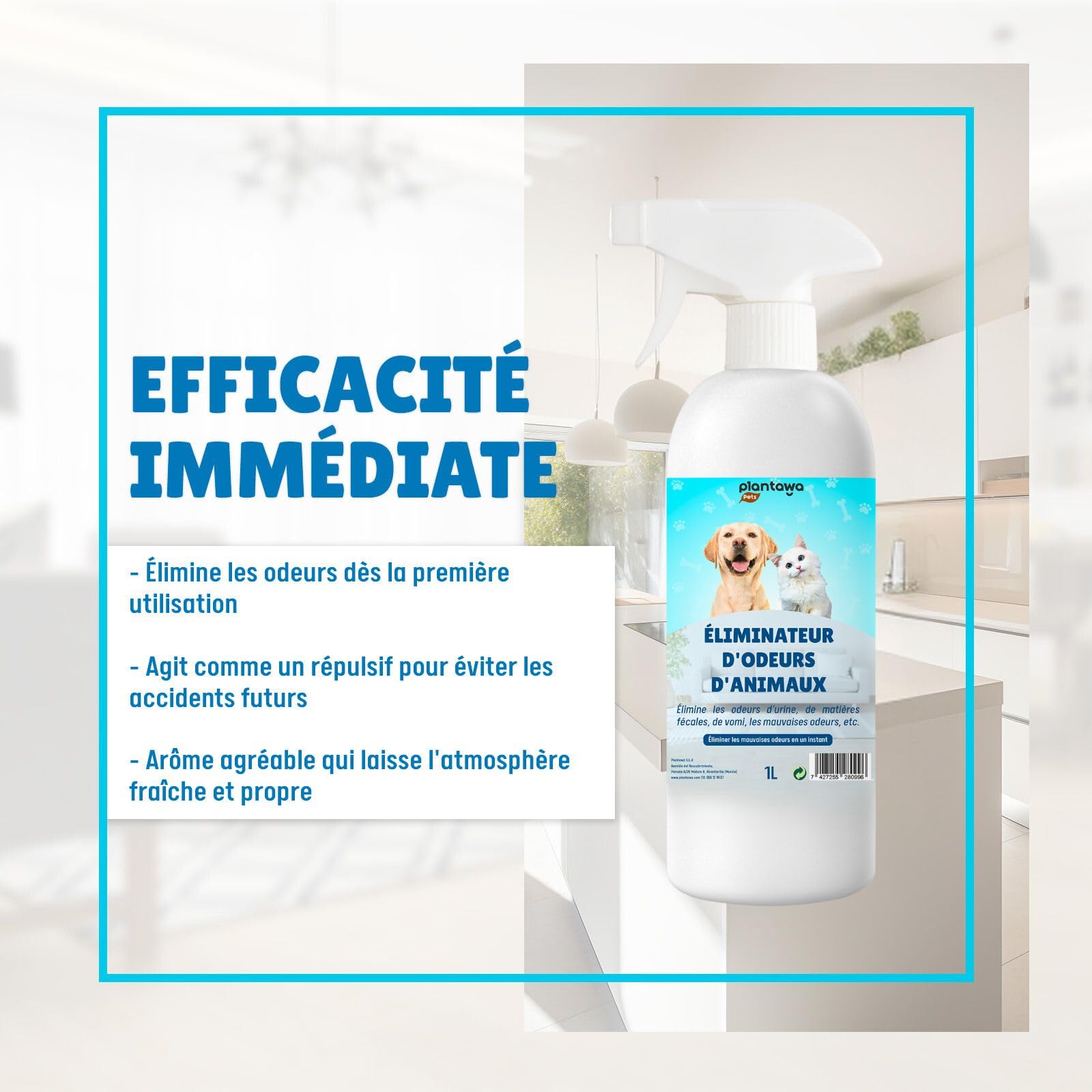 PLANTAWA Éliminateur instantané d'odeurs d'animaux domestiques 1 l. Neutraliseur Enzymatique Odeurs Urine Fèces Vomissements. Intérieur et extérieur, Patio Jardin. Anti Odeur Urine Chiens Chats.