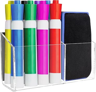 Magnetic Dry Erase Marker Holder for Whiteboard,Acrylic Magnetic Pen Holder for Fridge, 2 Compartments Whiteboard for Office, Home, LockerClear-Brown