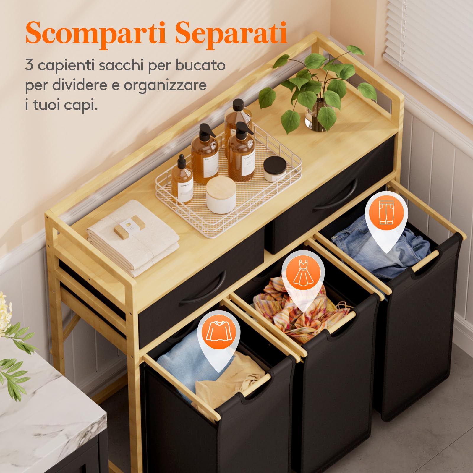 Lifewit Grande Cesto Portabiancheria 3 Scomparti 150 L, Cesta Portabiancheria Con 2 Cassetti e 3 Sacco Removibili, Cesta Panni Sporchi per Lavanderia, Bagno, Nero