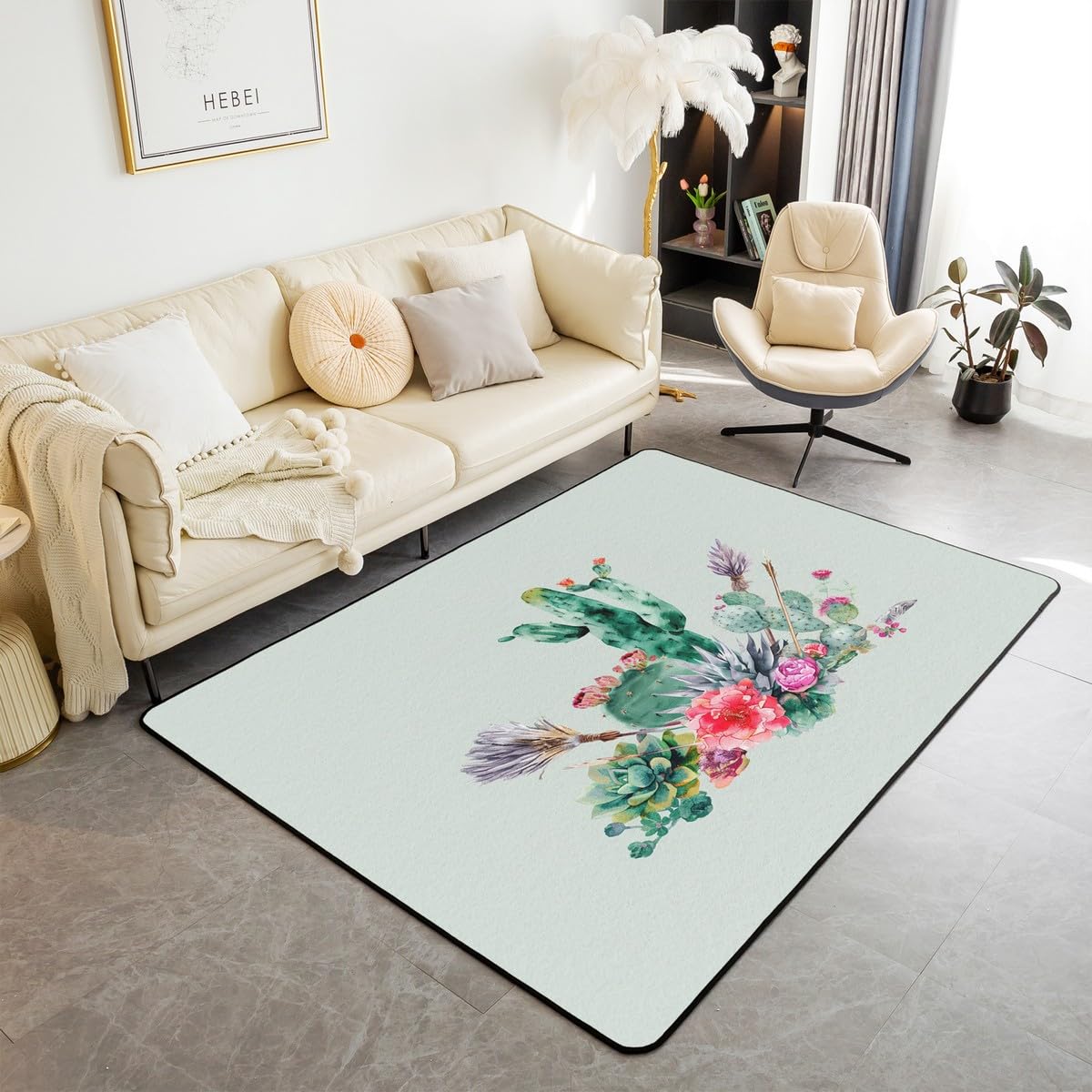 Cactus Area Rug 4x5 Boho Succulent Living Room Rugs Botanical Print Decorative Carpet Natural Theme Indoor Green Plants Mat Green White Accent Rug