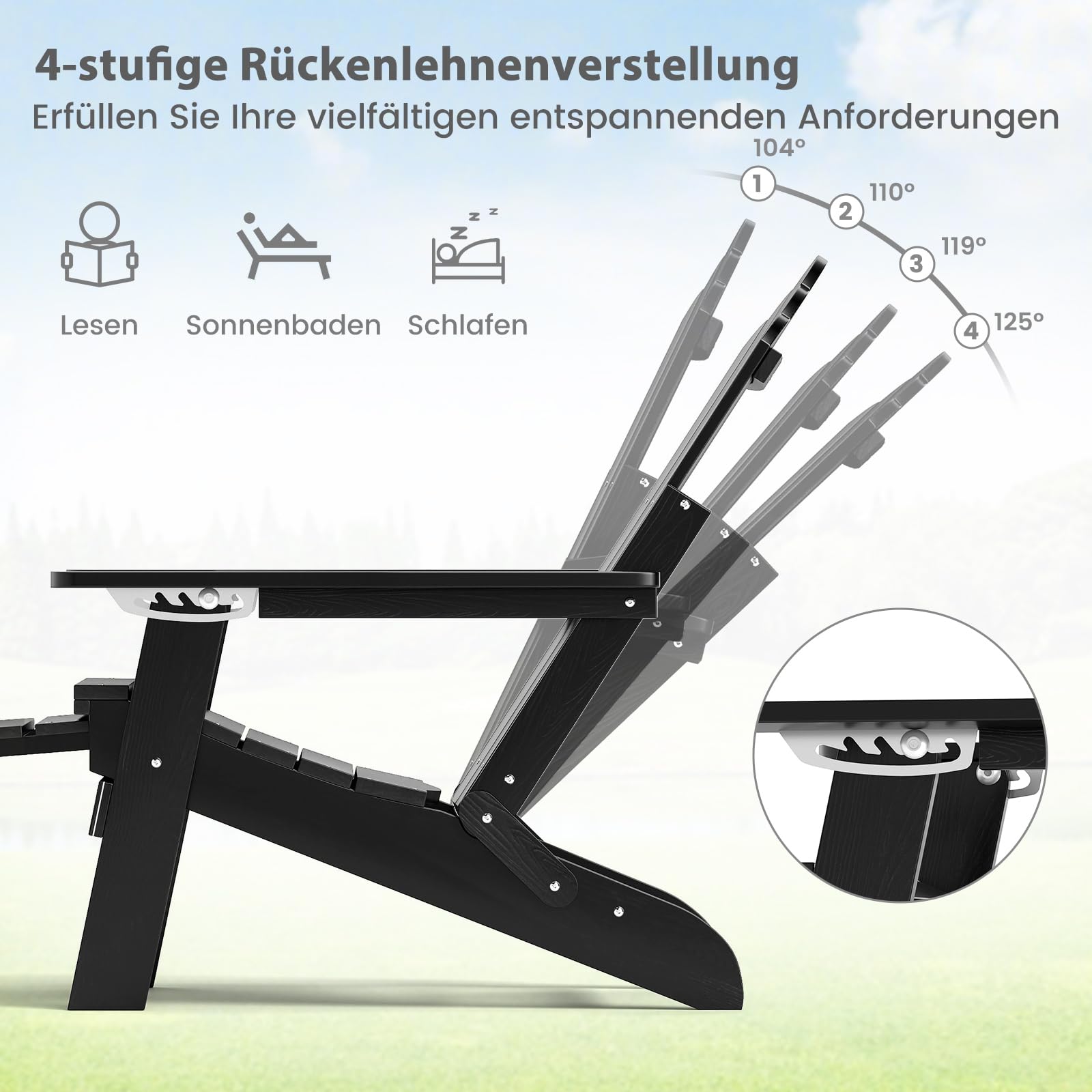 COSTWAY Klappbarer Adirondack Stuhl mit Fußstütze & Verstellbarer Rückenlehne, wetterfester Adirondack Chair aus Kunststoff, Gartensessel mit Getränkehalter für Garten, Terrasse, 180 kg Tragfähigkeit
