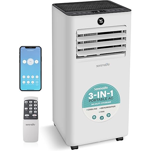 SereneLife SLPAC83W Portable Air Conditioner-8000 Capacity (ASHRAE) Compact Home A/C Cooling Unit Only with Wifi Function, Includes Window Mount Kit (White), 8,000 BTU