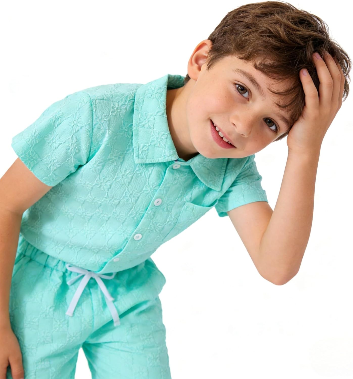 Boys Summer 2-Piece Outfit Size 6-13 Short-Sleeve Textured Button-Down Shirt & Solid Elastic-Waist Shorts Set - Image 7