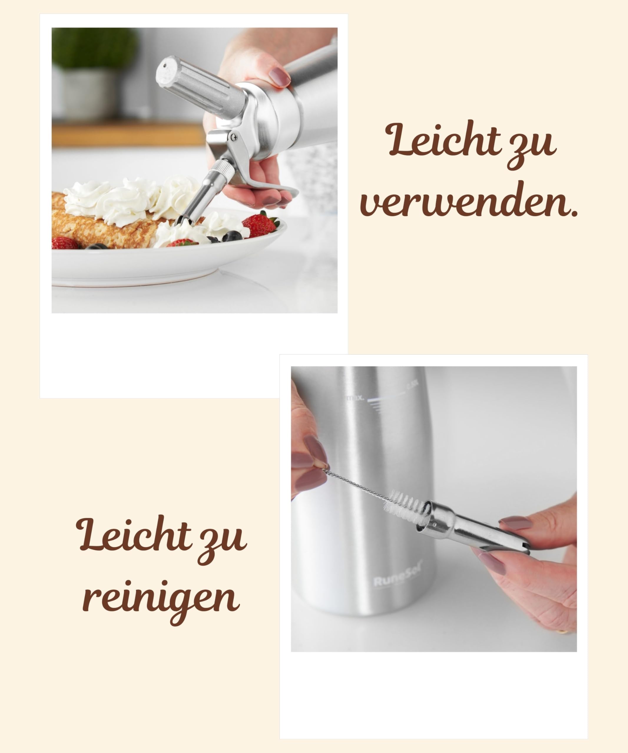 Runesol Sahnespender 500ml, Professionelle Sahnesyphon für Nachspeisen, Sahnesiphon mit 3 Edelstahl Deko-Düsen, Schlagsahne Sprühdose und Espuma Flasche, Aluminium Whipped Cream Dispenser