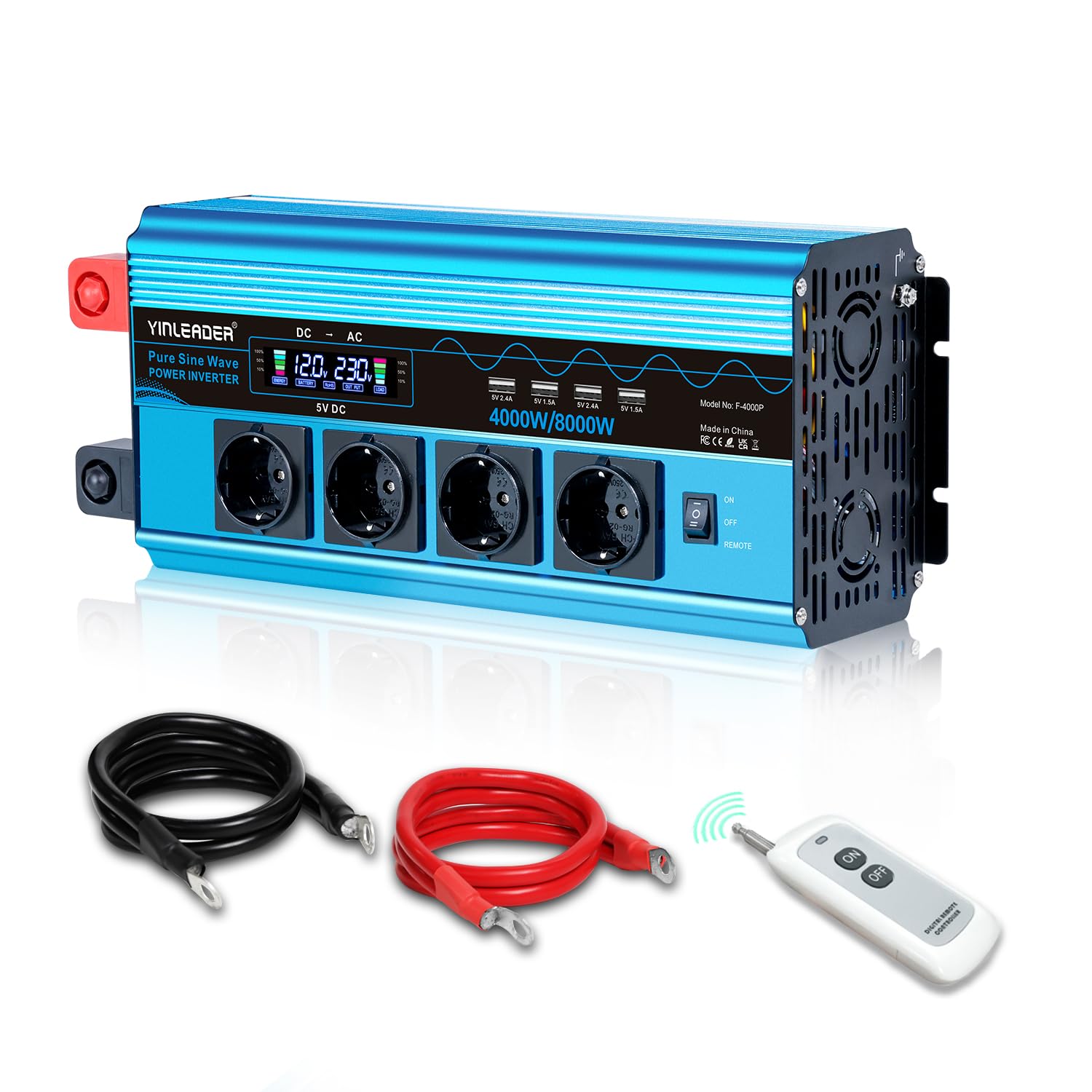 Yinleader Convertisseur 12V 220V Pur Sinus 4000W/8000W Convertisseur de Tension LCD | 4 USB (avec télécommande)