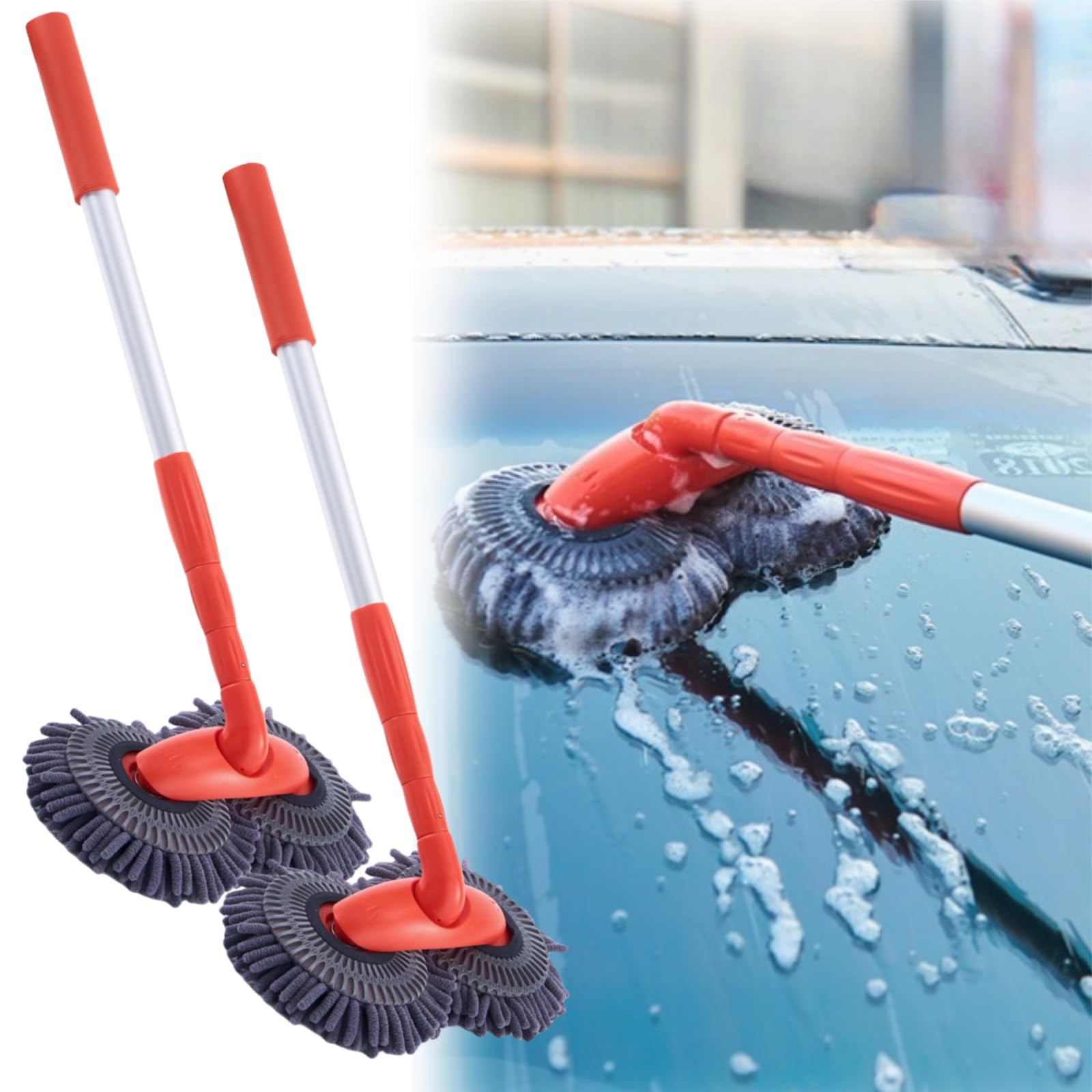 Obrotowy mop samochodowy, podwójna głowica teleskopowa myjnia samochodowa z mikrofibry, szczotka do mycia samochodu z długim rękawem, obrót o 360°, zestaw do czyszczenia samochodu w (2 szt.)