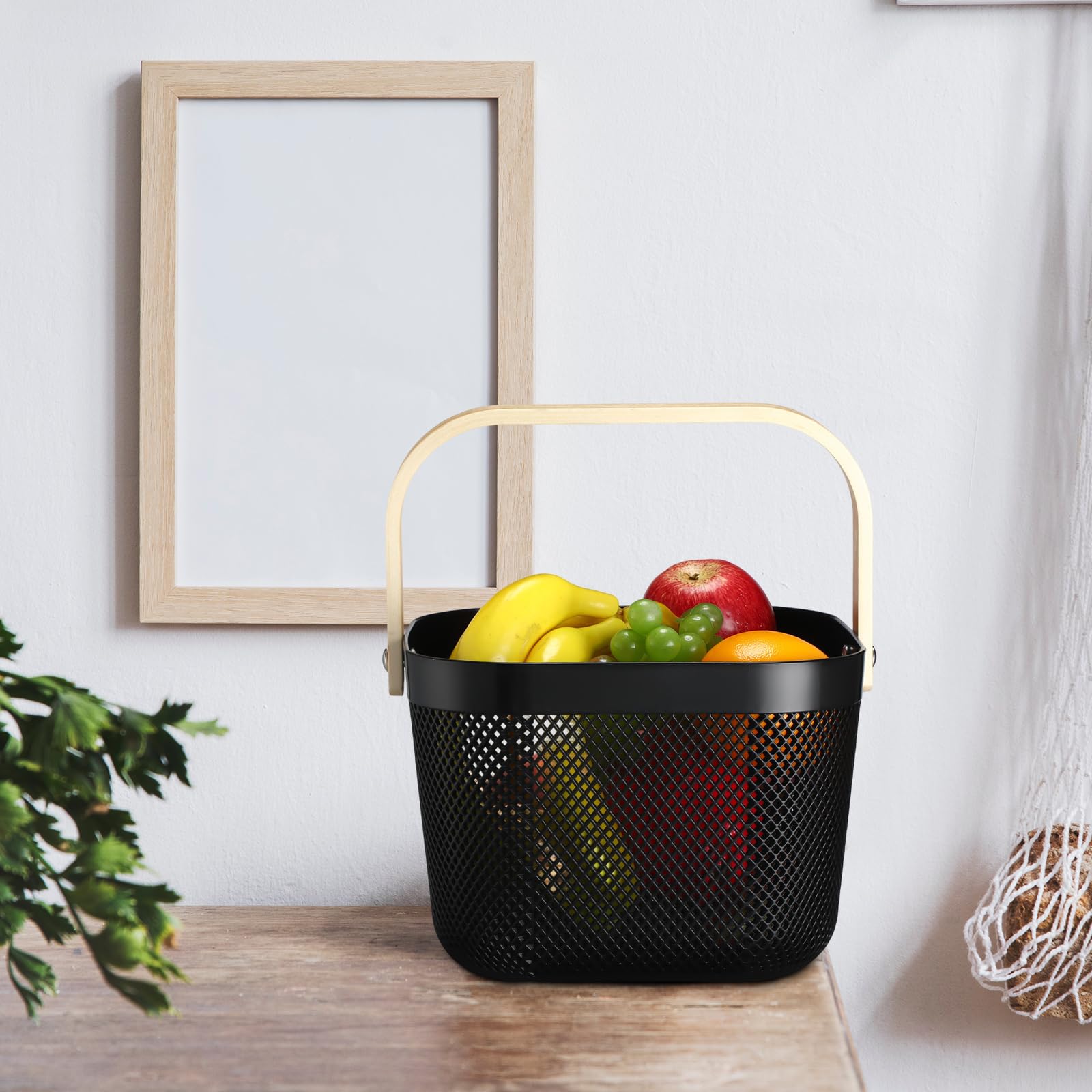 Sadnyy 4 Stück Kunststoff-Netz-Garten-Erntekorb, Aufbewahrungskorb mit Holzgriff, multifunktionaler Netzkorb für Küchenschrank, Picknick, Obst, Gemüse, Versammlung, Organizer, groß, klein, schwarz