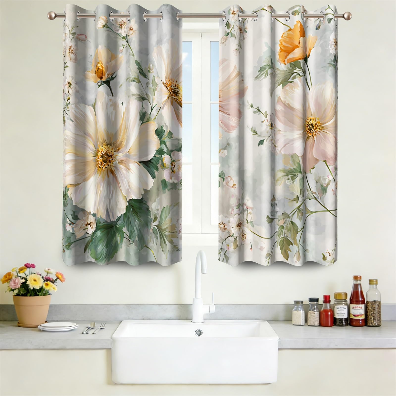 Rideaux occultants à Fleurs Jaunes 117 x 138 cm Chambre et Salon, Style Moderne et élégant, imprimé Floral, œillets, Isolation Thermique, Protection de l'intimité, 2 Panneaux