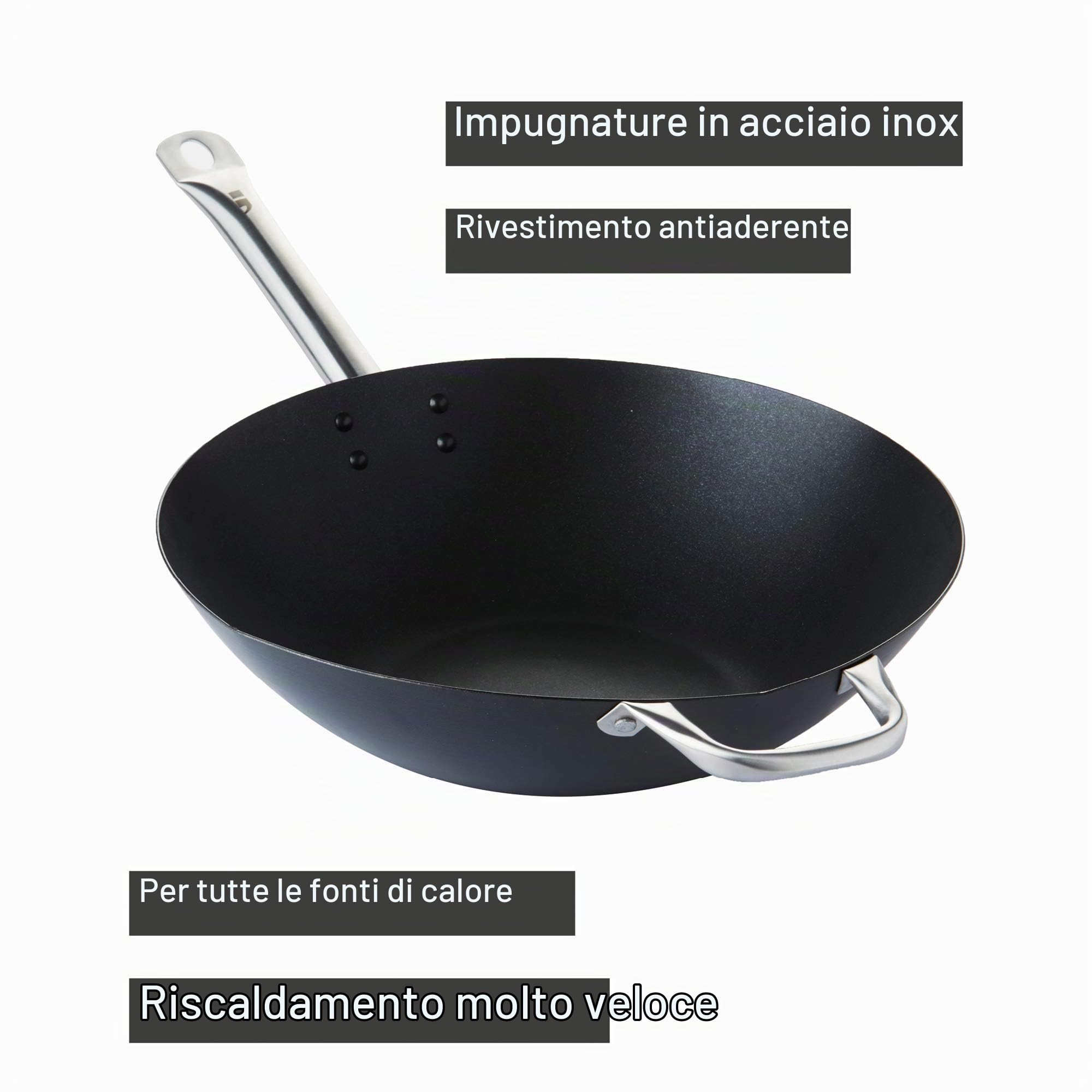 Point-Virgule PV-ASI-0085 Wok da 36 cm in accacio al Carbonio con Rivestimento Antiaderente Excalibur
