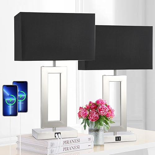 Juego de 2 lámparas de mesa táctiles negras de 22 pulgadas con 2 puertos USB, lámparas táctiles regulables de 3 vías para mesita de noche de