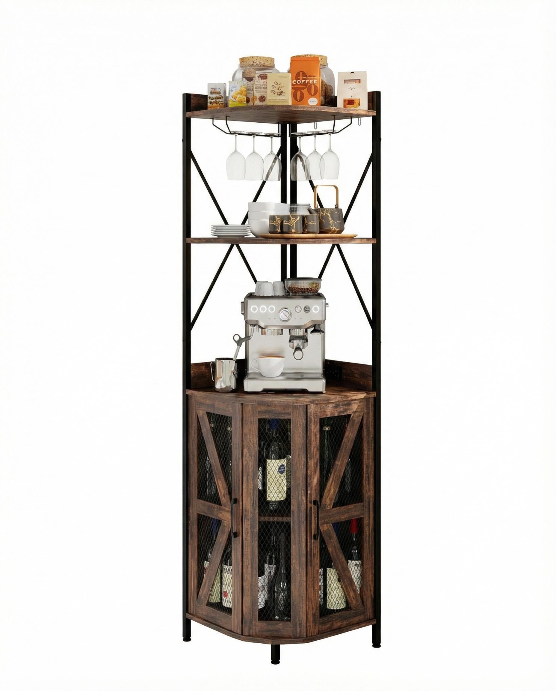 Zstar Armario De Vino Esquinero con Iluminación RGB, Estantes Ajustables y Portavasos, Almacenamiento para 12 Botellas, Diseño Multifuncional De Metal y Madera, Ideal para Hogar y Bar