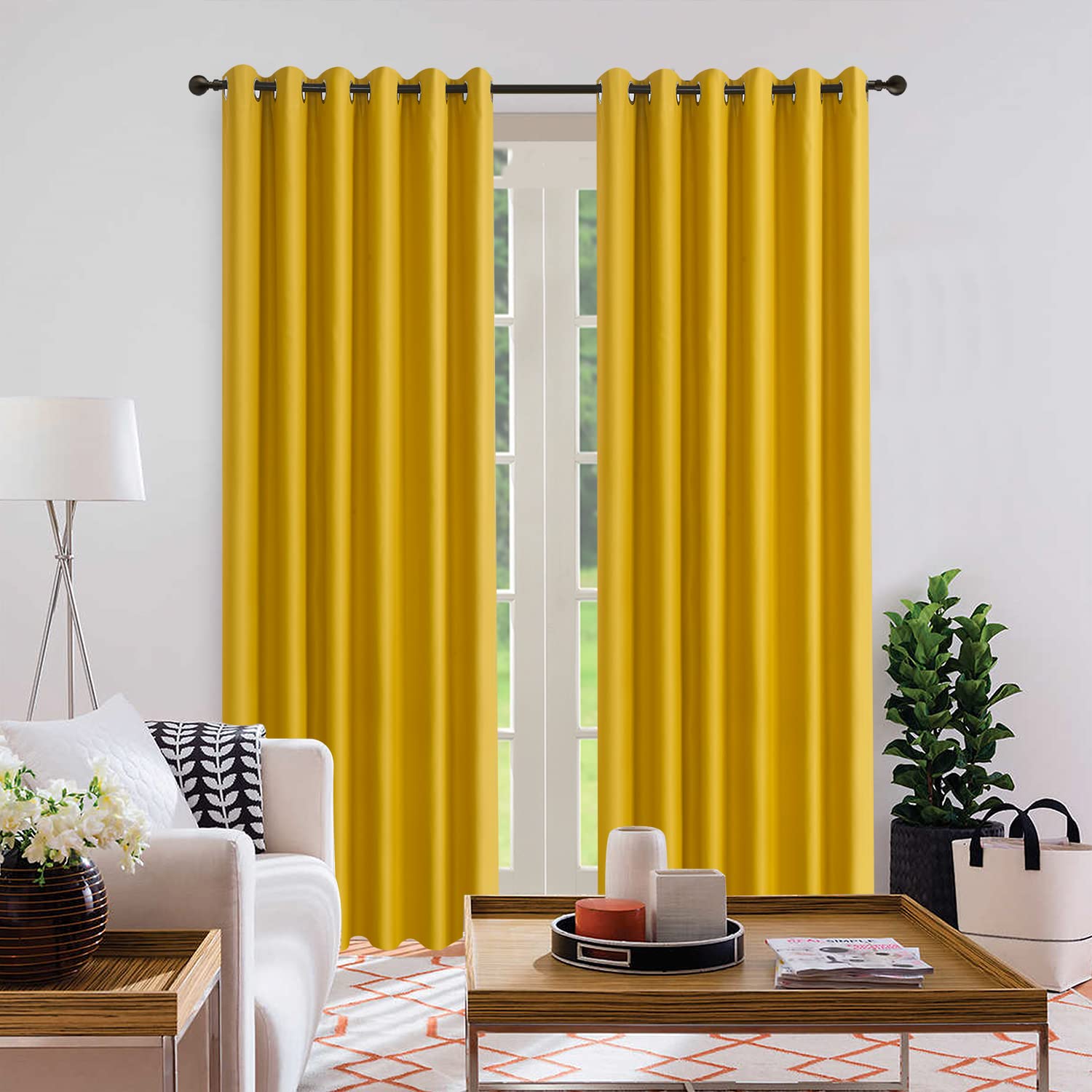 Insulated Heavy Thick Thermal Blackout Curtains Eyelet Ring Top Pair (Mustard, 46" Width x 72" Drop) - Image 2