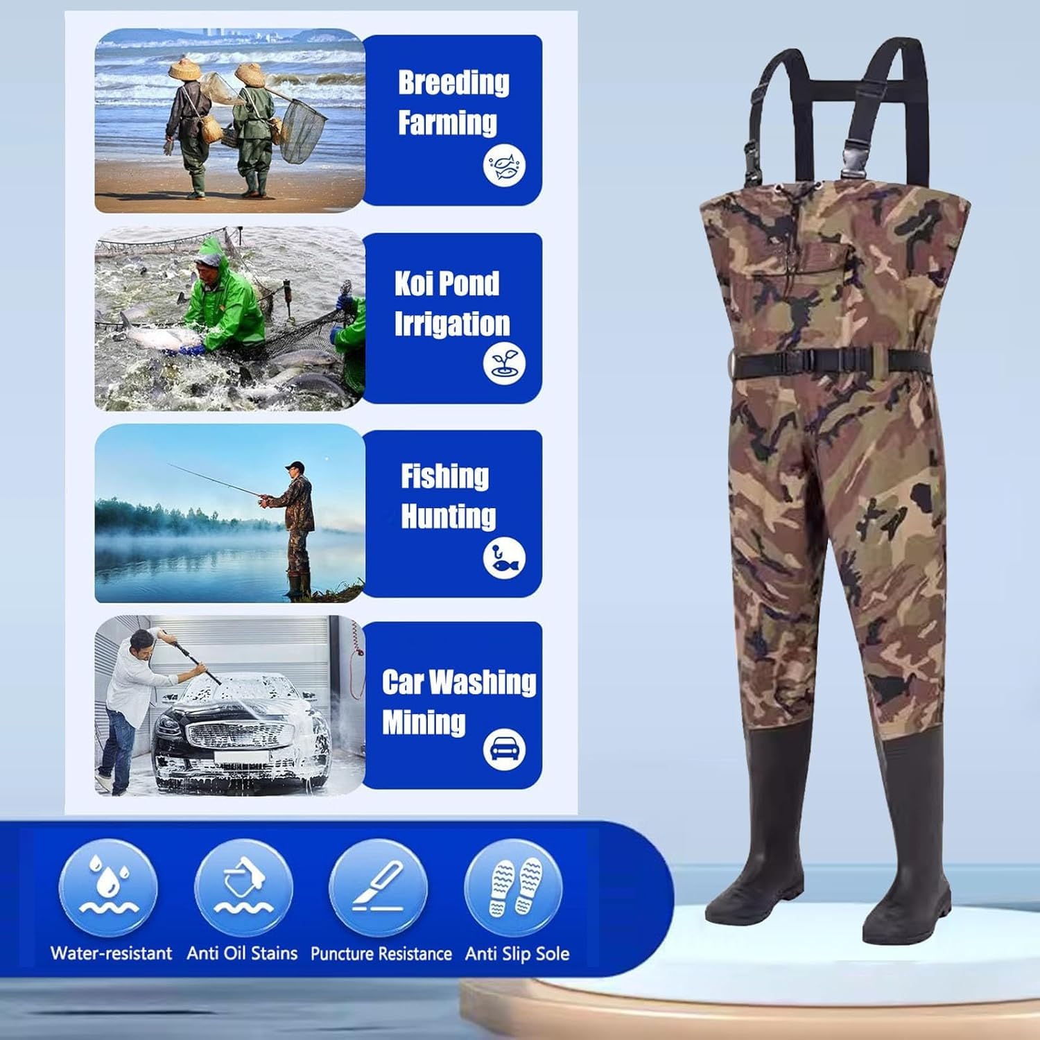 Vadeadores de Pesca Impermeables de Camuflaje for Hombre y Mujer, Ligeros de Nailon con Botas aislantes.(8.5)