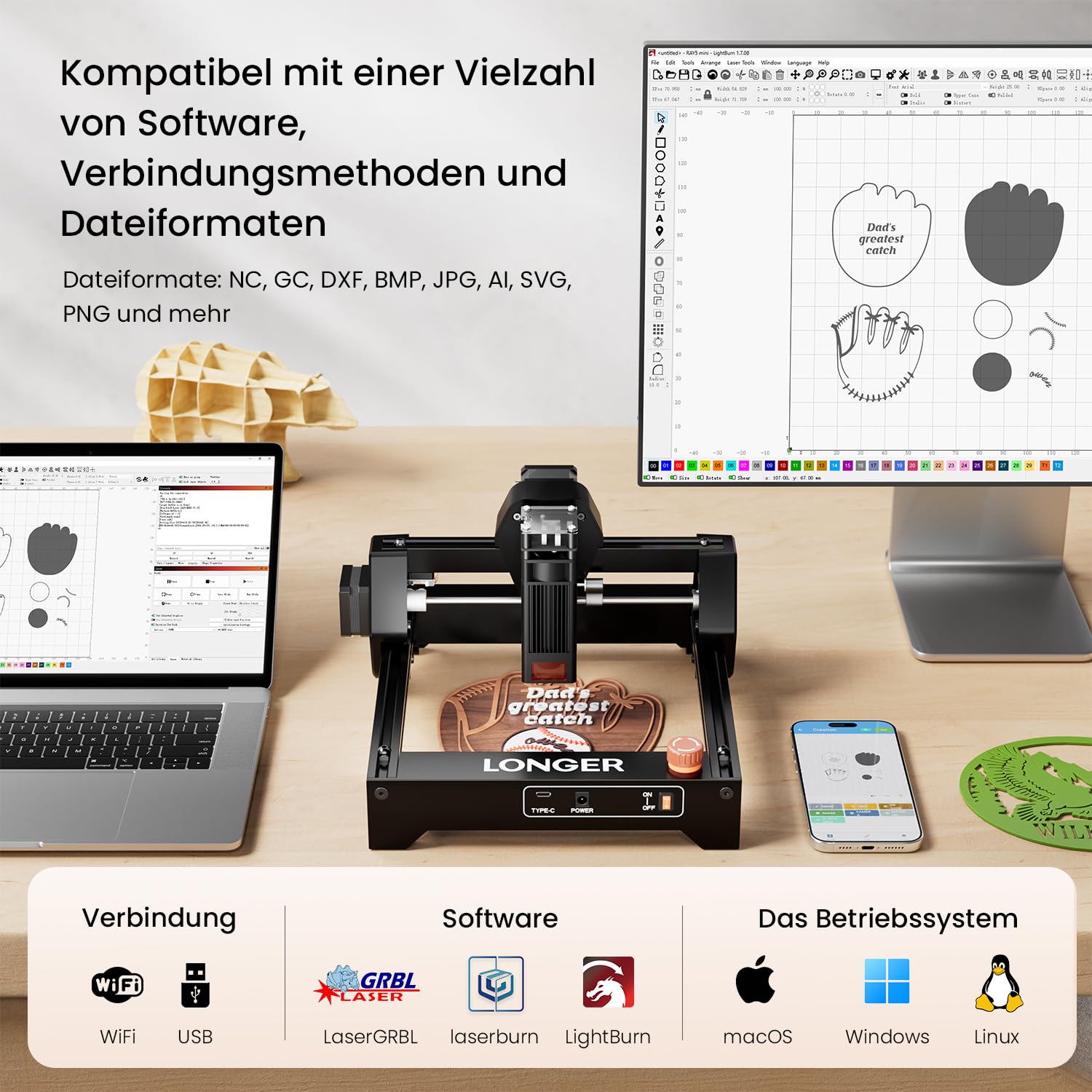 Longer Ray5 Mini 5.5W – Incisore Laser CNC Potente, Macchina Taglio e Incisione Laser, 12000 mm/min Alta Velocità, WiFi App, per Metallo Legno Acrilico Pelle, DIY Maker Professionale