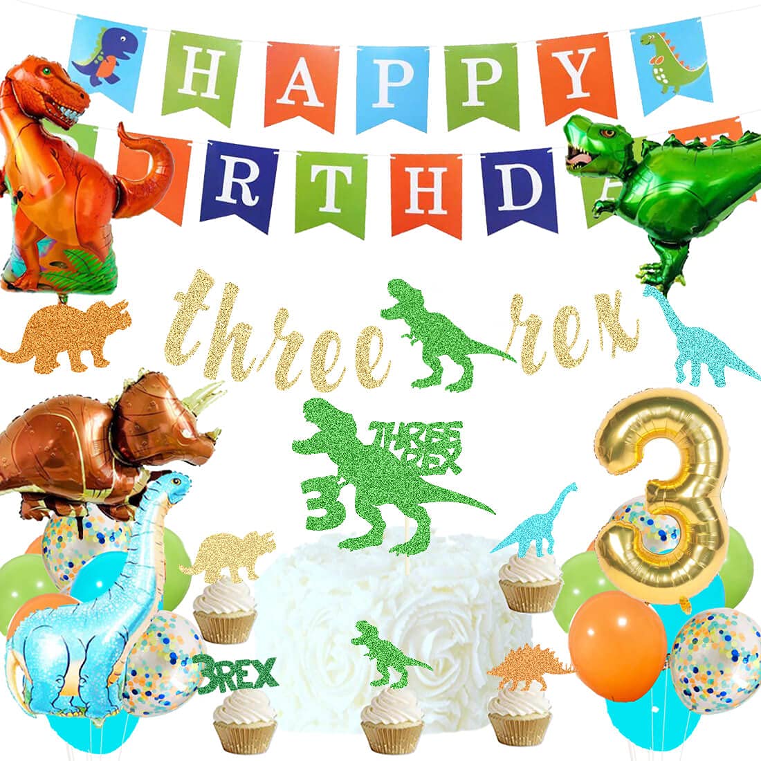 HEETON Three Rex Balloons T-Rex 3 Cake Topper Dinosaur Birthday Cupcake Topper Jurassic Park Birthday Boy Party Supplies Decorations Dinosaur Theme Decor Celebration