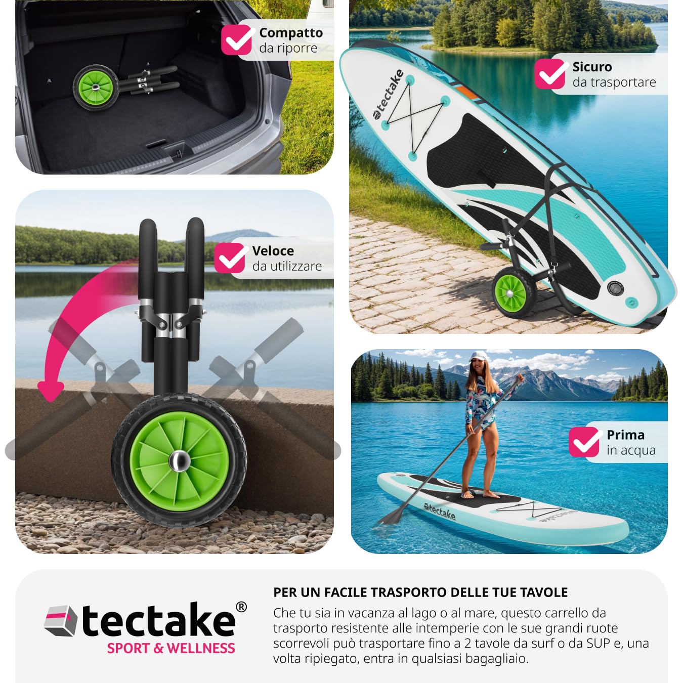 tectake® Carrello da Trasporto Tavola Surf, Carrello Pieghevole con Ruote Portatutto, Trolley Porta Tavola Surf, Kayak, Sup, Stand Up Paddle, Tavole Gonfiabili, In Alluminio con 2 Cinghie - Nero/Verde