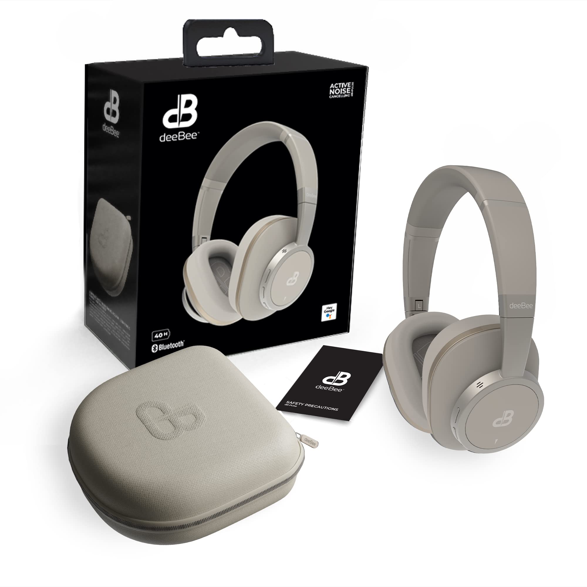 deeBee Pulse - Bezprzewodowe słuchawki audio z aktywną redukcją szumów - Bluetooth ANC -35dB mikrofon, autonomia 40 godzin, wymienne nauszniki, redukcja szumów, muzyka, rozmowy - DB-Pulse-GLD (beżowy)
