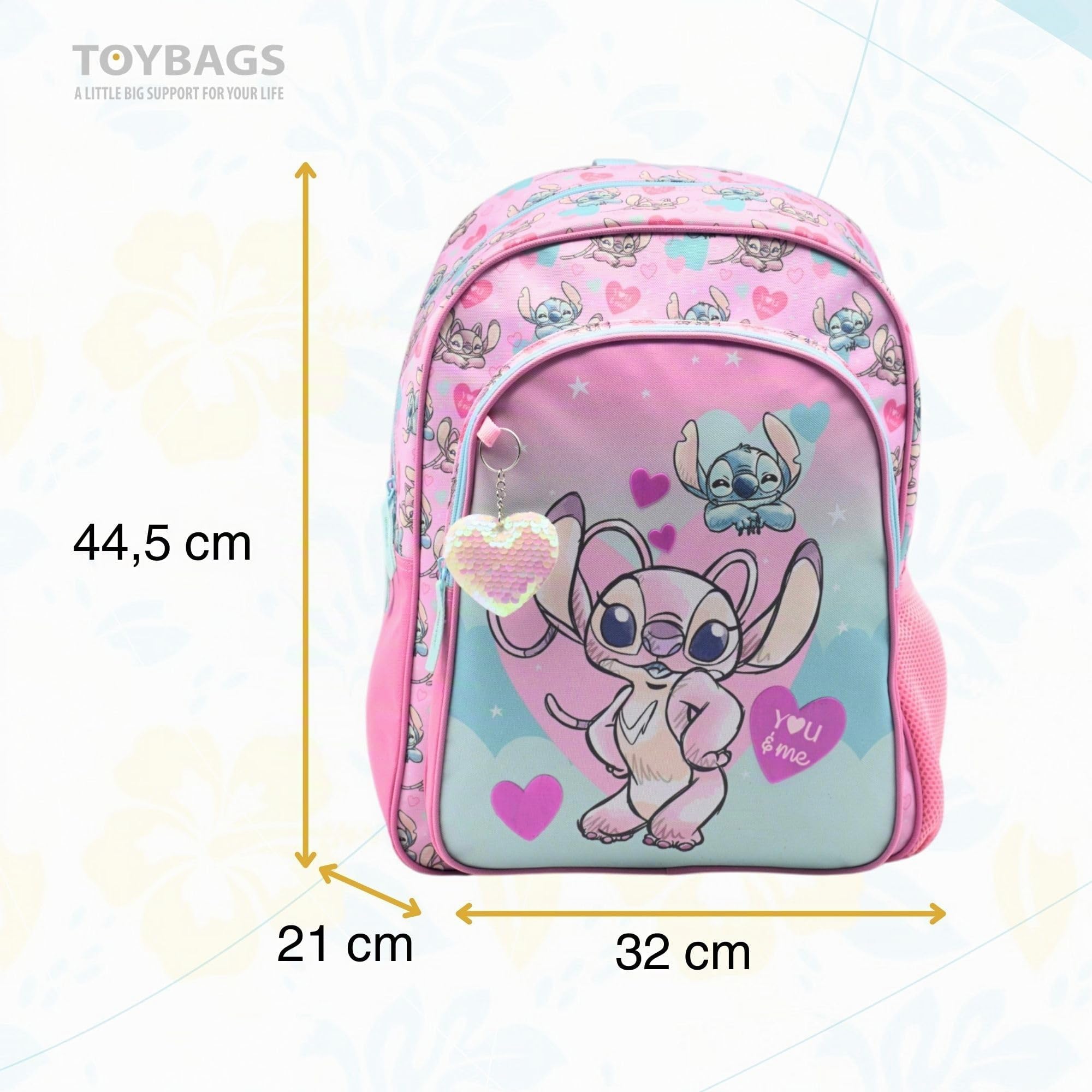 TOYBAGS Mochila Escolar Angel & Stitch - Doble Compartimento - CON ACCESORIO CORAZON - Compartimento portalaptop - Espaldera acolchada - 44.5 X 32 X 21 CM.