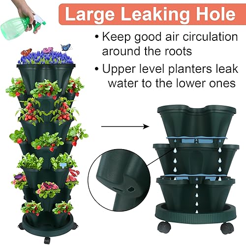 Miniatura 2 de Maceta vertical, maceta apilable de fresa de 7 niveles con juego de herramientas de jardín, maceta movible para interiores y exteriores, maceta de