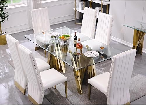 Miniatura 4 de Juego de mesa de comedor de 7 piezas, juego de mesa de comedor para 6, mesa de comedor de vidrio transparente con 6 sillas de comedor tapizadas de