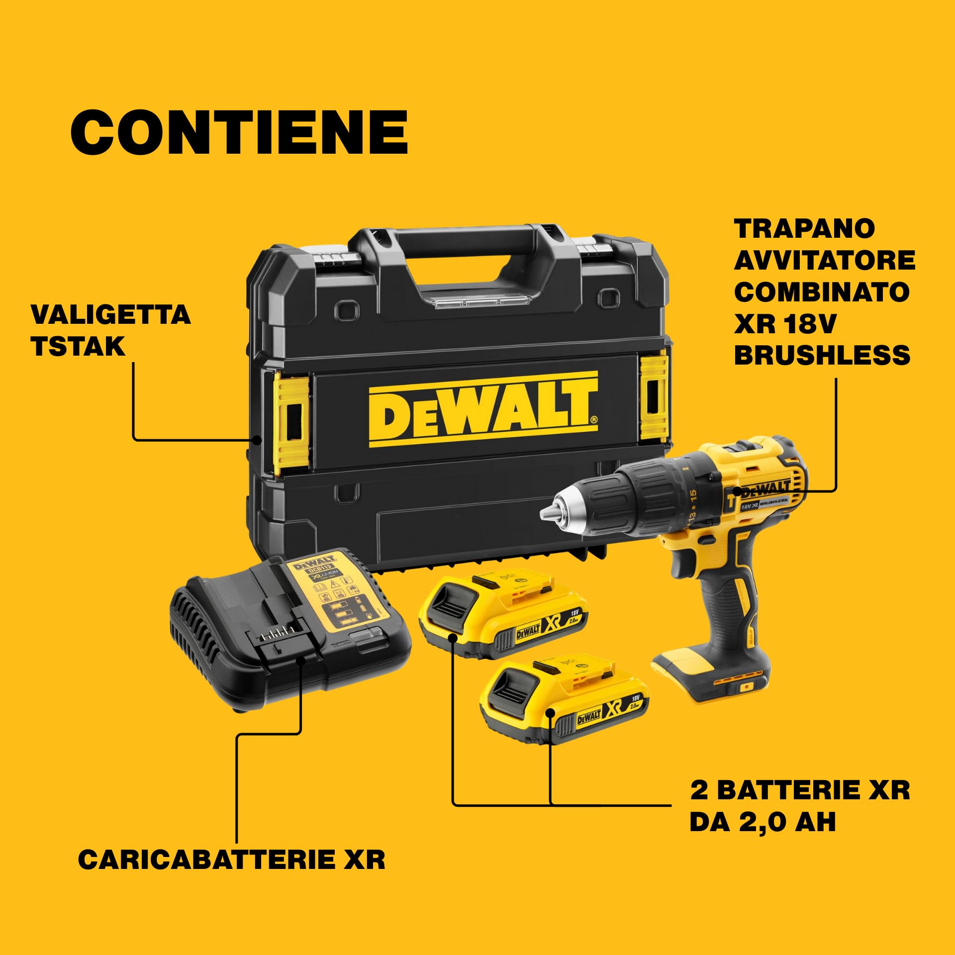 DEWALT XR 18V Trapano Avvitatore Combinato Brushless, Compatto Senza Fili con 2x Batterie XR Li-Ion 2Ah, Caricabatterie, Valigetta, Alta Coppia, Luce LED, Prestazioni Versatili – DCD778D2T-QW