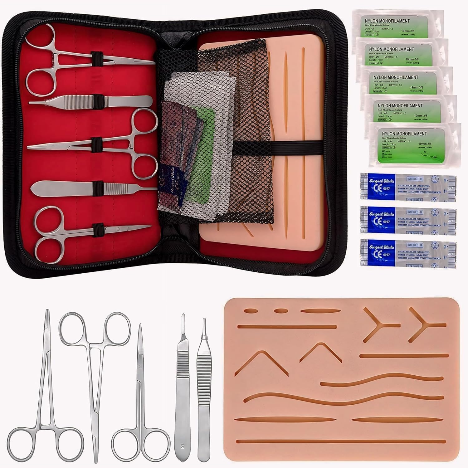 Generic Asian Scientific Precision Suture Practice Kit, Comprehensive 17-Piece Set with Durable Large Suturing Pad, Pre-Cut Wounds, Instruments for Medical Students and Practitioners