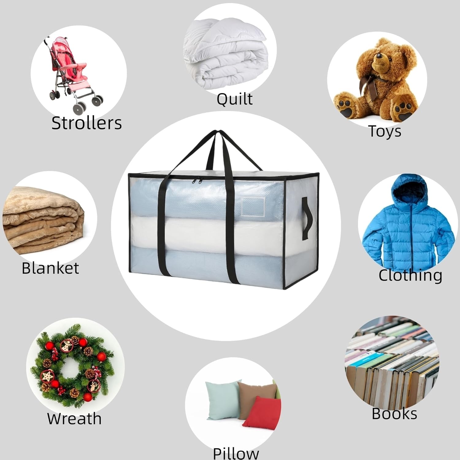 2 Pack Extra Large Clear Moving Bags with Zippers – Heavy Duty Storage Bags with U-Shaped Handles, Tag Pocket & Side Grips – Ideal for Clothes, Bedding, Dorm, Closet, Garage Organization - Image 7