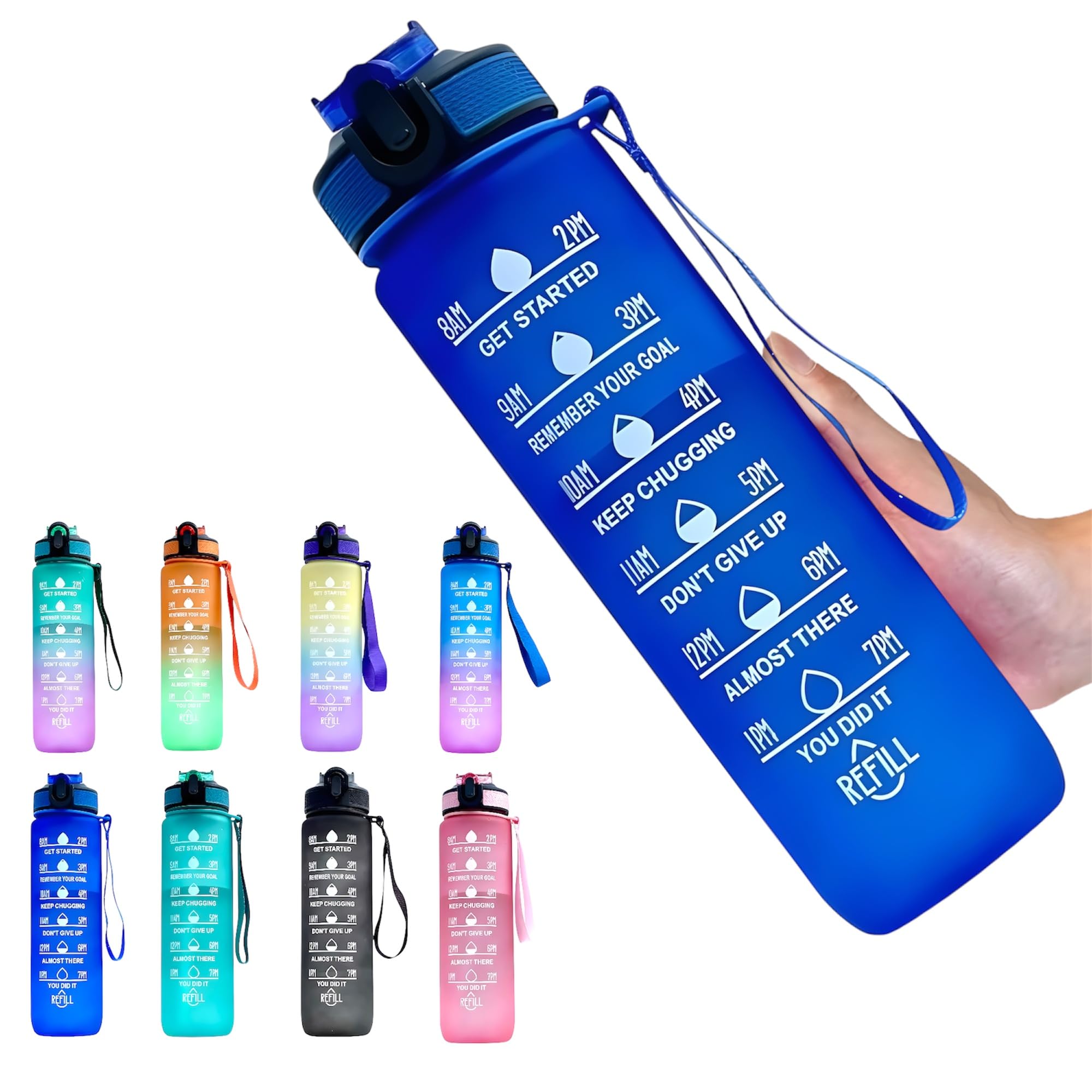 Water Bottle with Straw โ Leakproof & BPA-Free | Time Marker for Daily Motivation | Ideal for Gym, Office, Cycling, School, Outdoor Fitness 1Liter (32oz) (Blue)