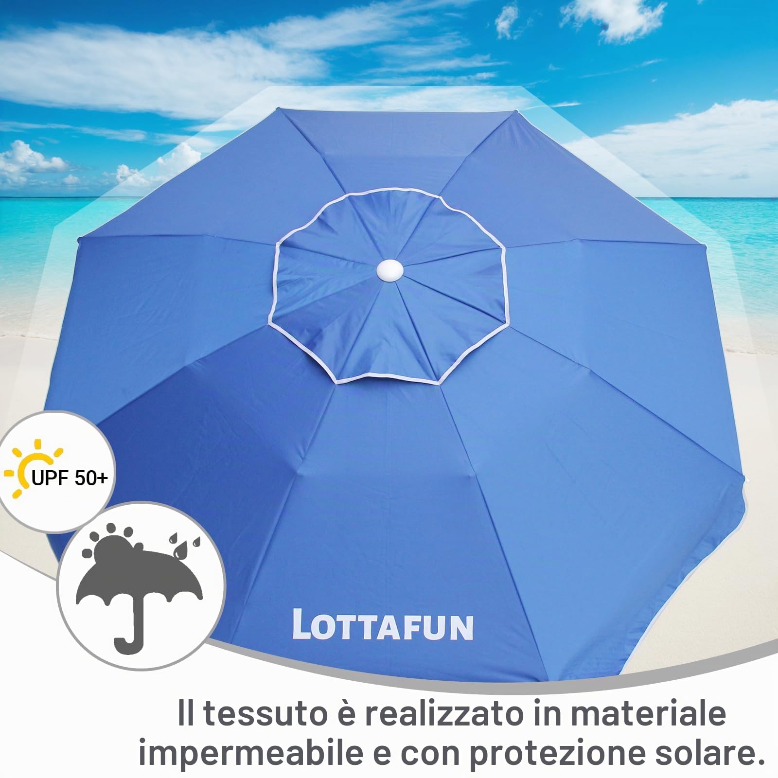 LOTTAFUN Ombrellone da spiaggia, antivento, robusto, con protezione solare UV 50+, portatile, con ancora, borsa per il trasporto, pieghevole, per esterni, spiaggia, piscina, terrazza, giardino, 1,8 m
