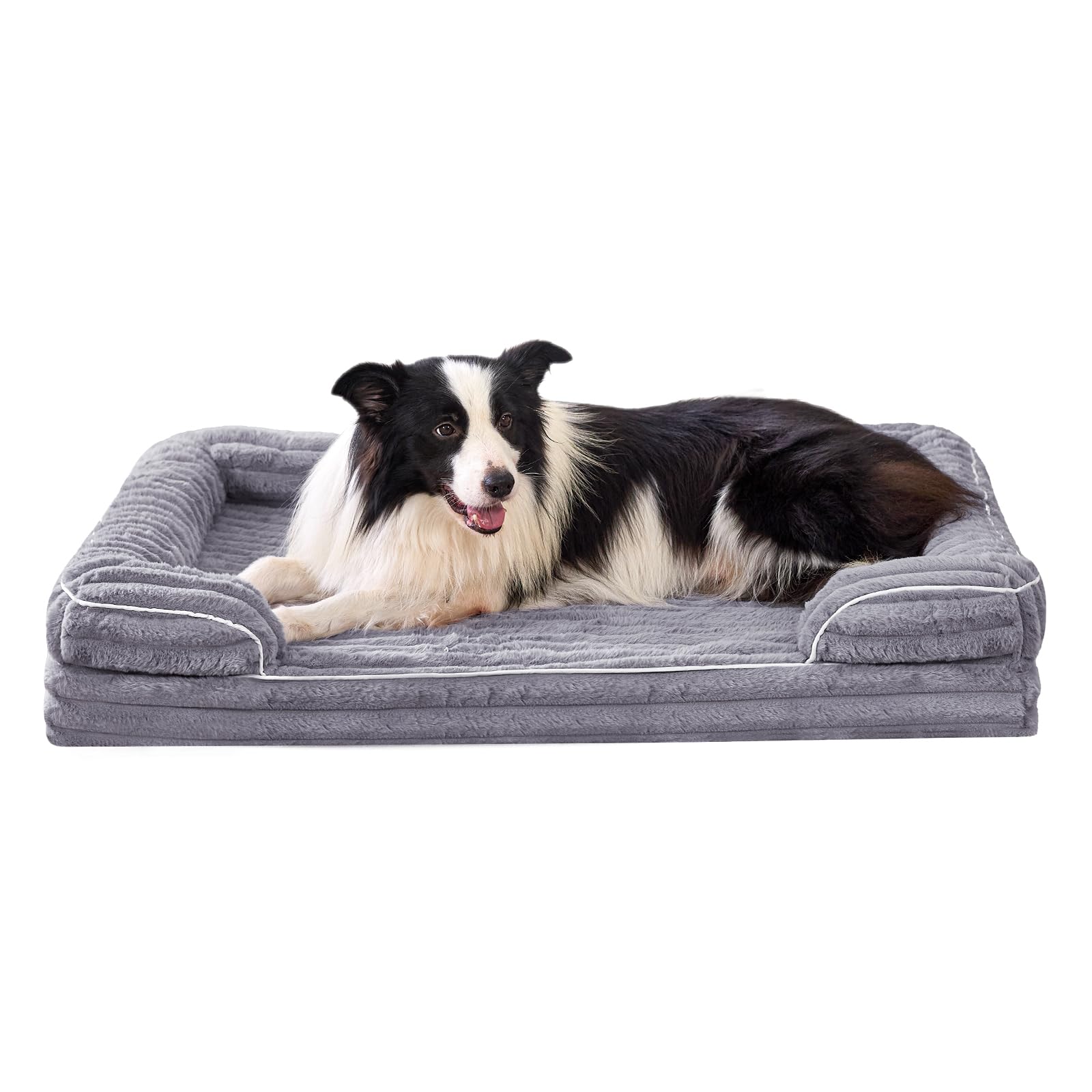 VoltaEcho Orthopädisches Hundebett Grosse Hunde: Abnehmbares & waschbares Hundesofa – Weicher Plüschstoff – Wasserdichtes Innenfutter – rutschfeste Unterseite Grau (112 x 90 x 17 cm)