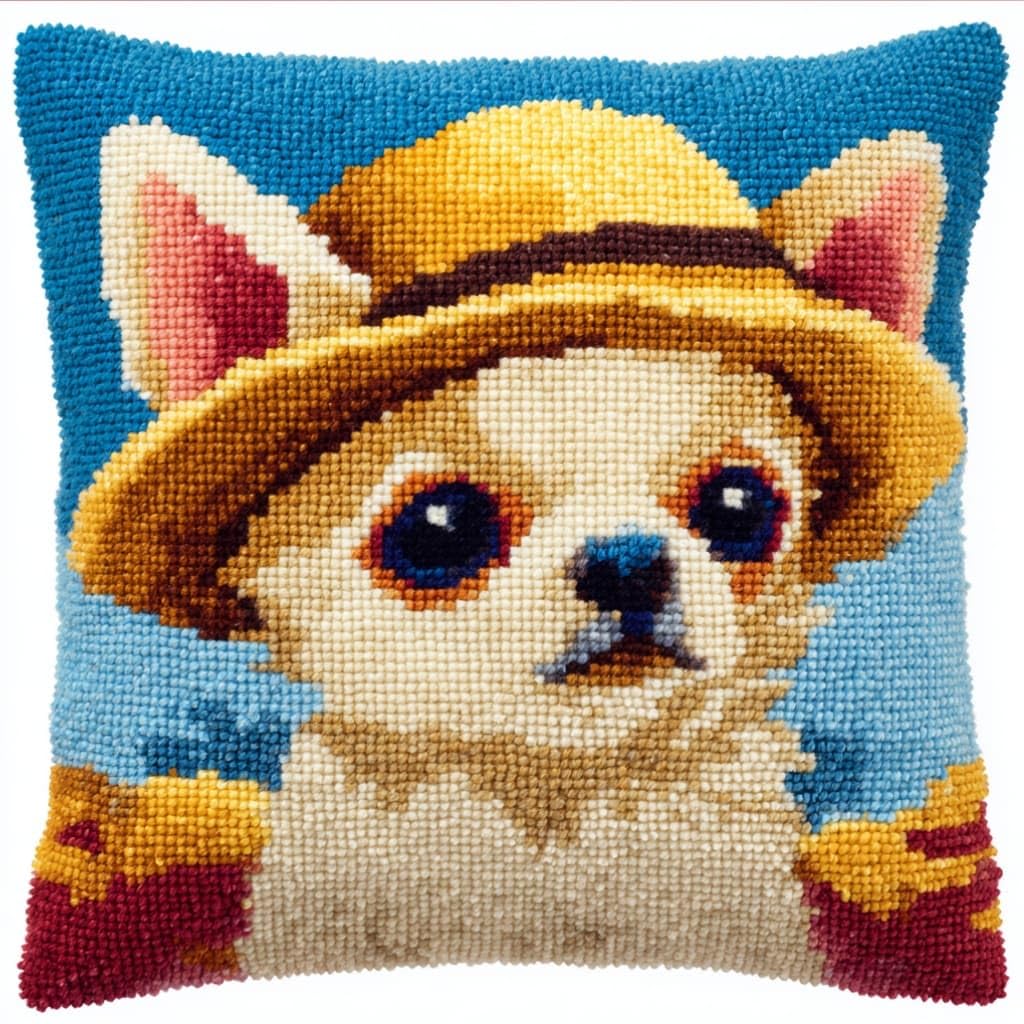 AxiangziK Latch Hook Cushion Kits,Chihuahua DIY Needlework Pillow Cover Cushion Rug Making Kit,17X17Inch Handmade Embroidery Kits, Decorative Throw Pillow Cover for Sofa Cushions, Bedroom Decor