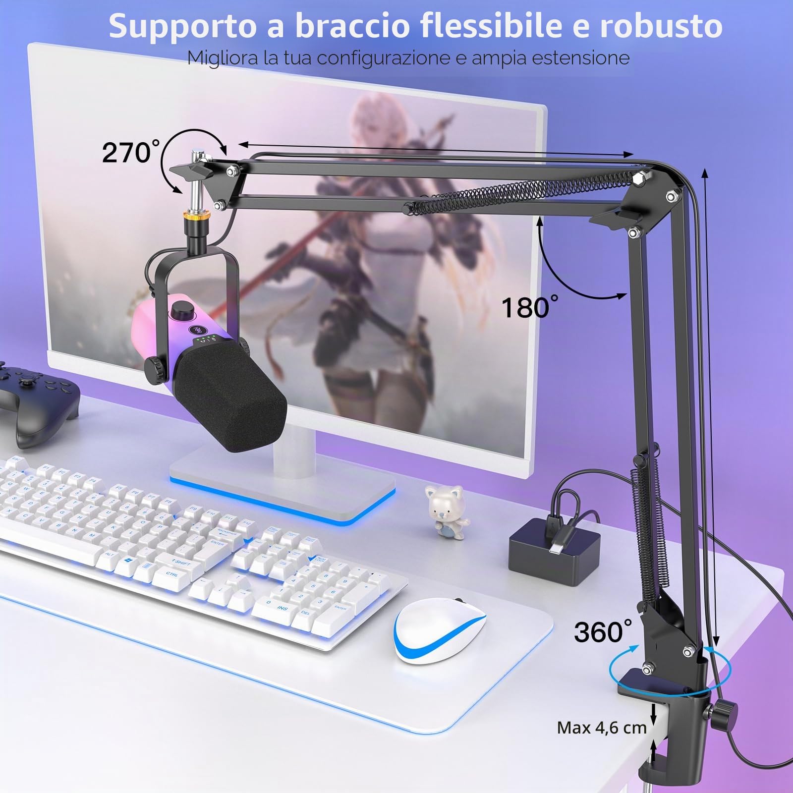 zealsound Microfono PC, Microfono USB per telefono tablet con RGB per streaming podcast, registrazione, ASMR, microfono per computer con cancellazione del rumore, pulsante mute, supporto per braccio
