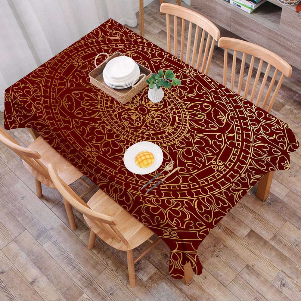 Dalexhm Maroon, Antique Arabic Artwork Oriental Mand - A3 Table Cloth Wipe Clean Rectangular, Wipeable Tablecloths,Dining Table Cover For Kitchen Outdoor Garden Table,Maroon, Antique Arabic Artwork Oriental Mandala Inspired Round Ornament M,54X72 In