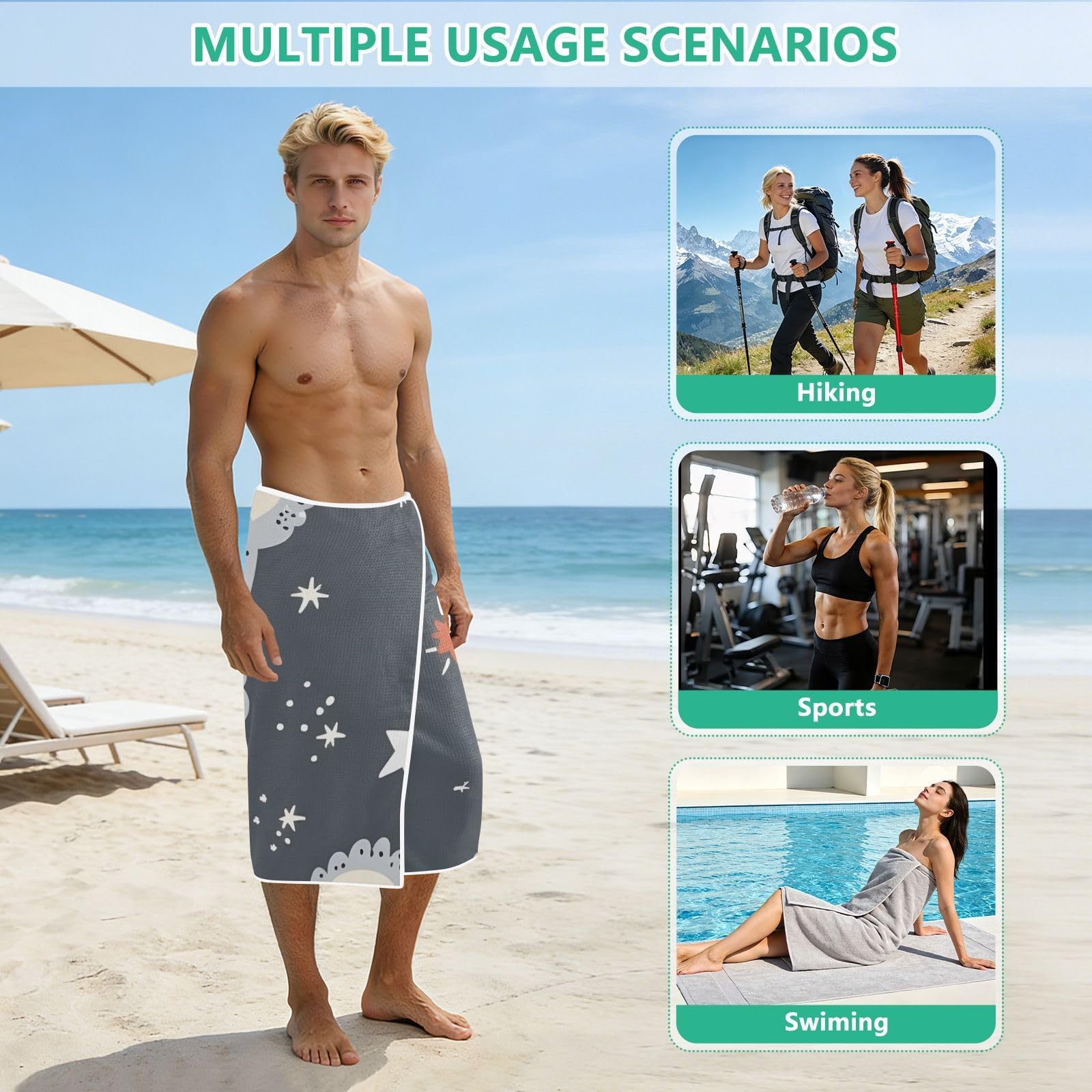 Grande serviette de plage avec sacs en maille pour adultes, motif koalas gris avec étoiles avec fermeture magnétique, anti-sable, absorbante à séchage rapide, pour piscine, camping et voyage