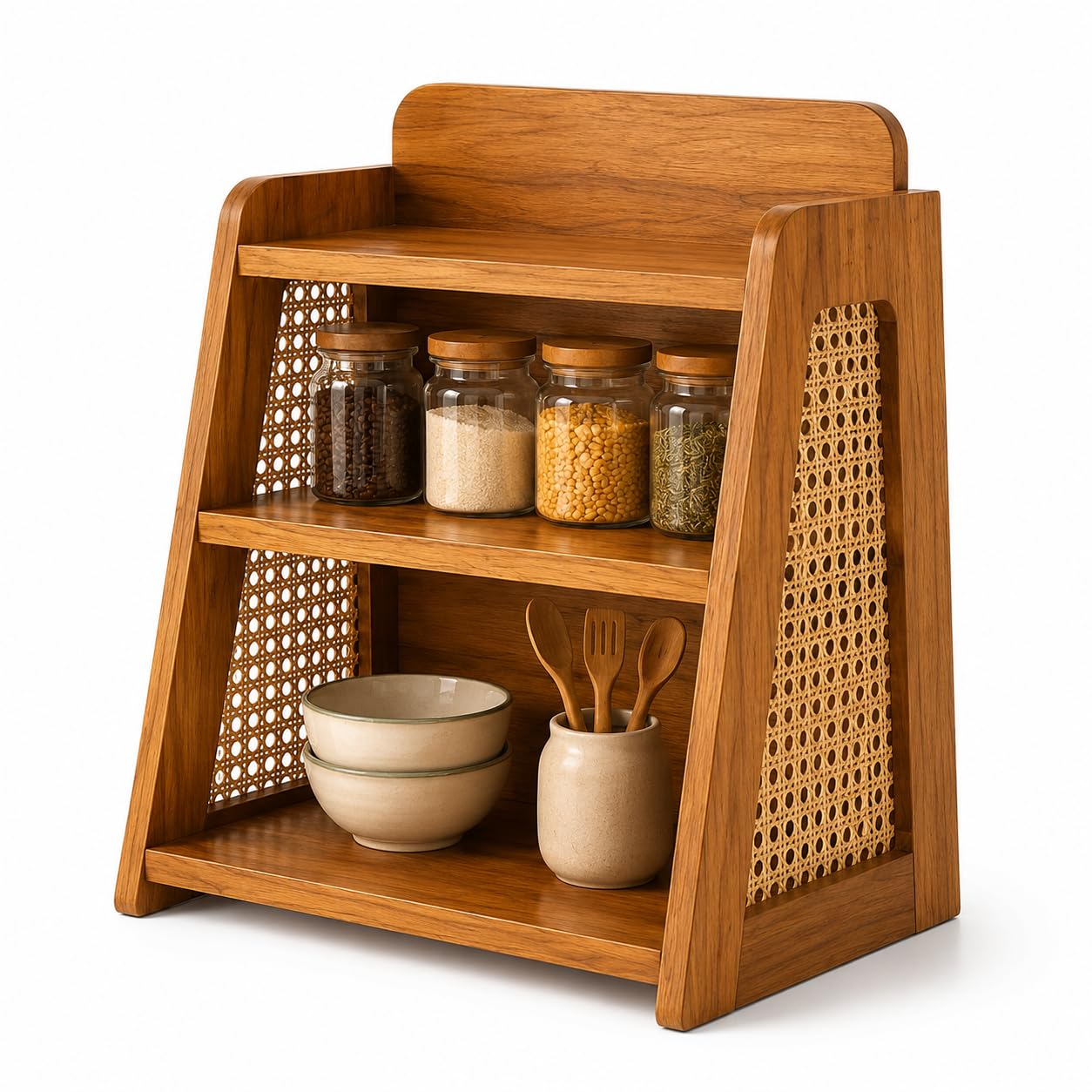 Furniture Solid Wood Rattan 3-Tier Countertop Storage Shelf, Kitchen Organizer Rack for Vegetables, Fruits, Containers, Storage Boxes, Space-Saving Multilayer Display Stand, Farmhouse Style-picture-28