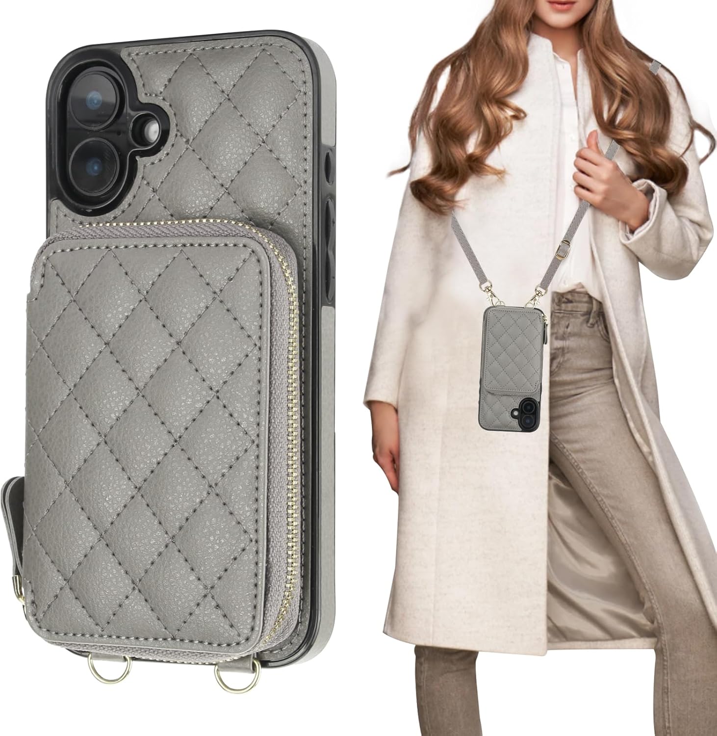 Bocasal Crossbody Wallet Case for iPhone 16 Plus, RFID Blocking PU Leather Zipper Handbag Purse Flip Cover, Kickstand Folio Case with Card Slots Holder Wrist Strap Lanyard 5G 6.7 Inch (Grey)