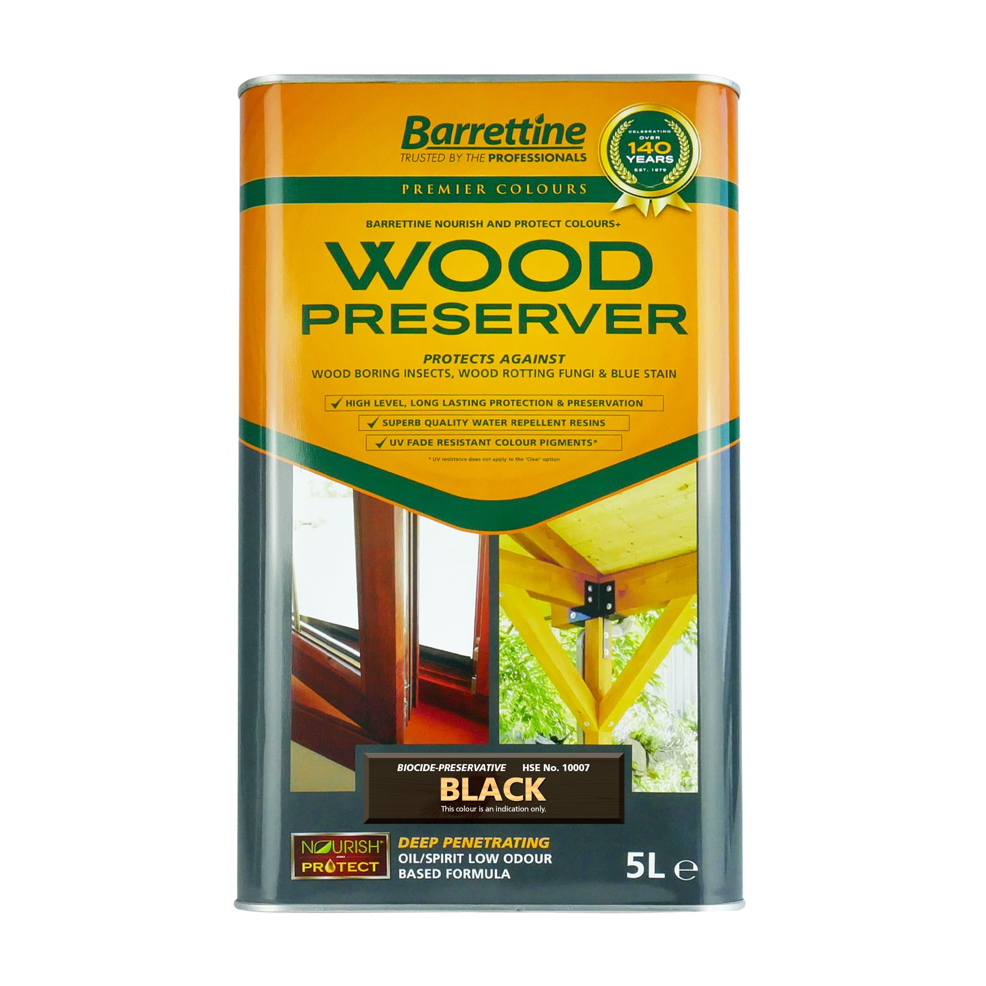 Barrettine Wood Preserver (Black, 5L) - UV Fade Resistant, Durable & Water Repellent Premier Wood Preserver, Deep Penetrating, Low Odour & Oil Based, Suitable for Outdoor & Indoor Use
